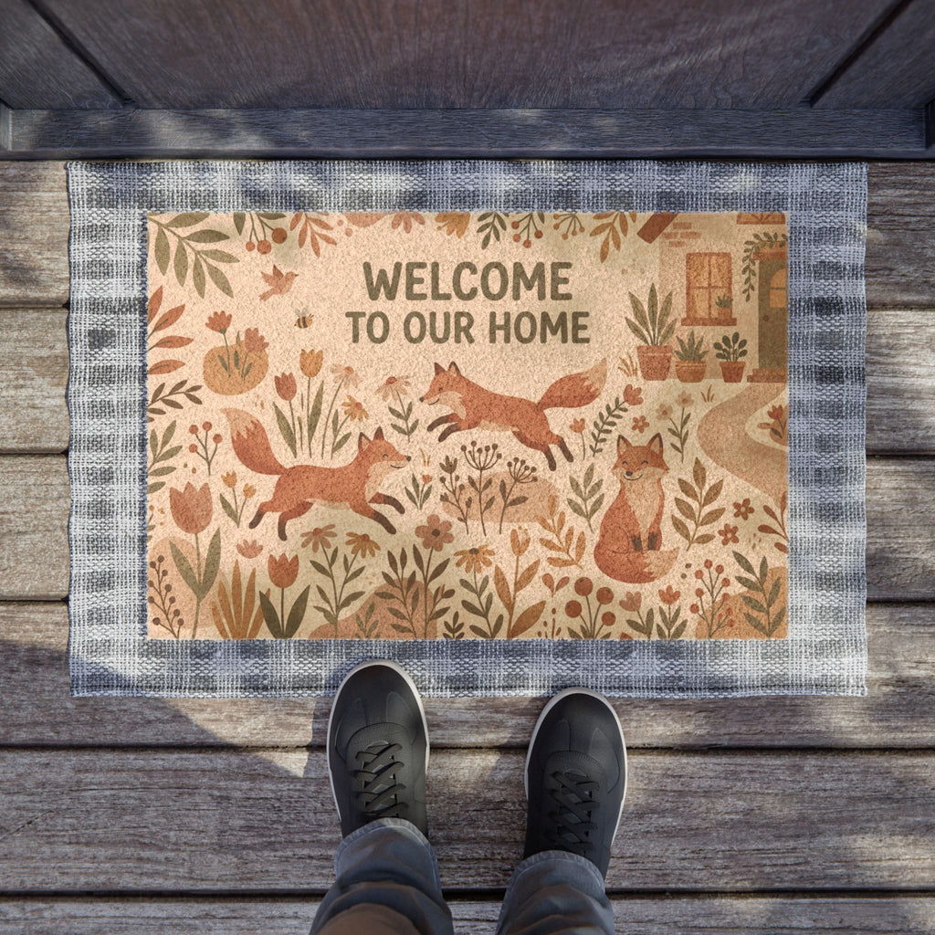 Boho Botanical Playful Foxes Welcome Mat
