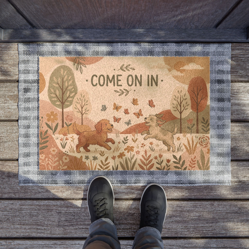 Boho Botanical Playful Puppies Welcome Mat