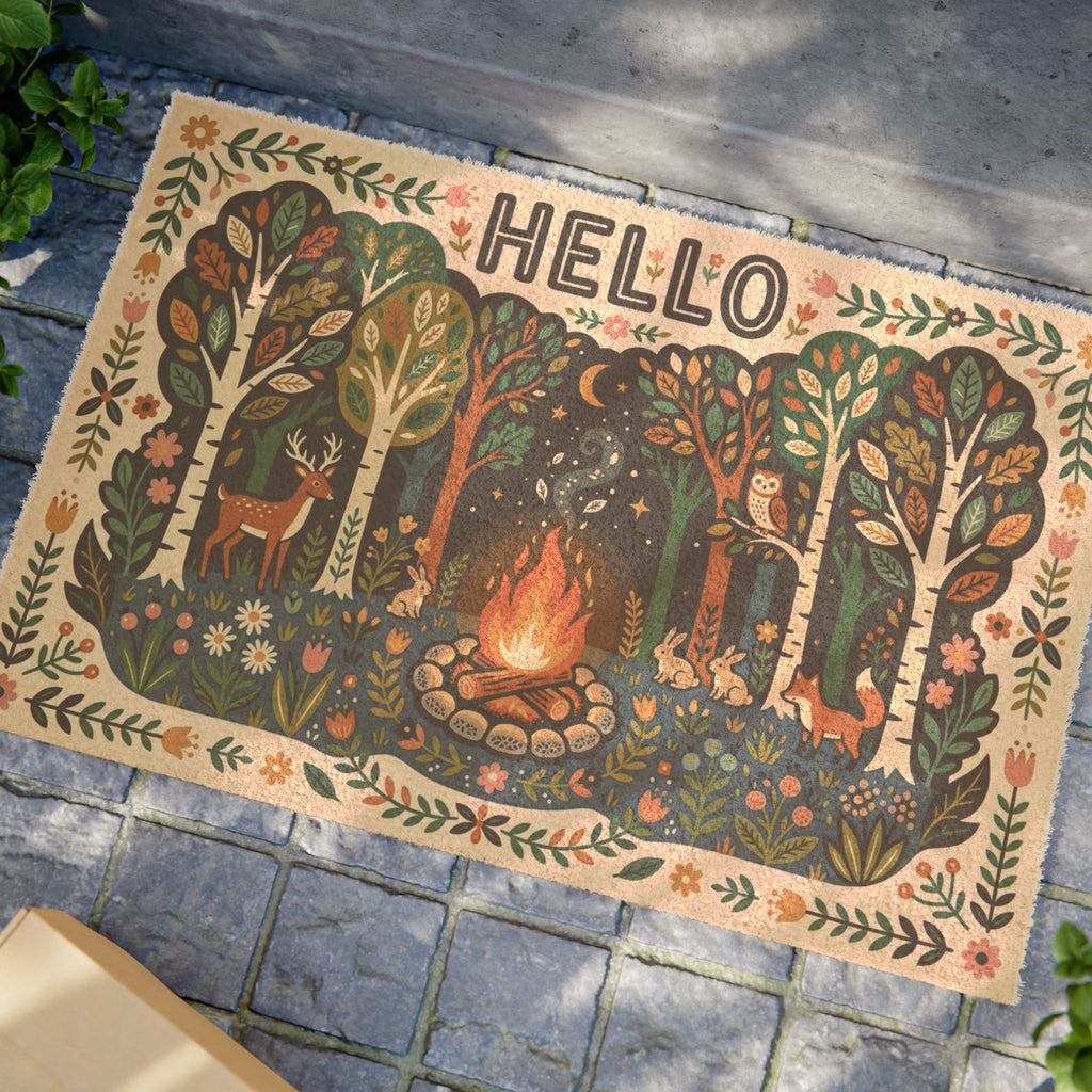 Folk Art Woodland Campfire Hello Doormat