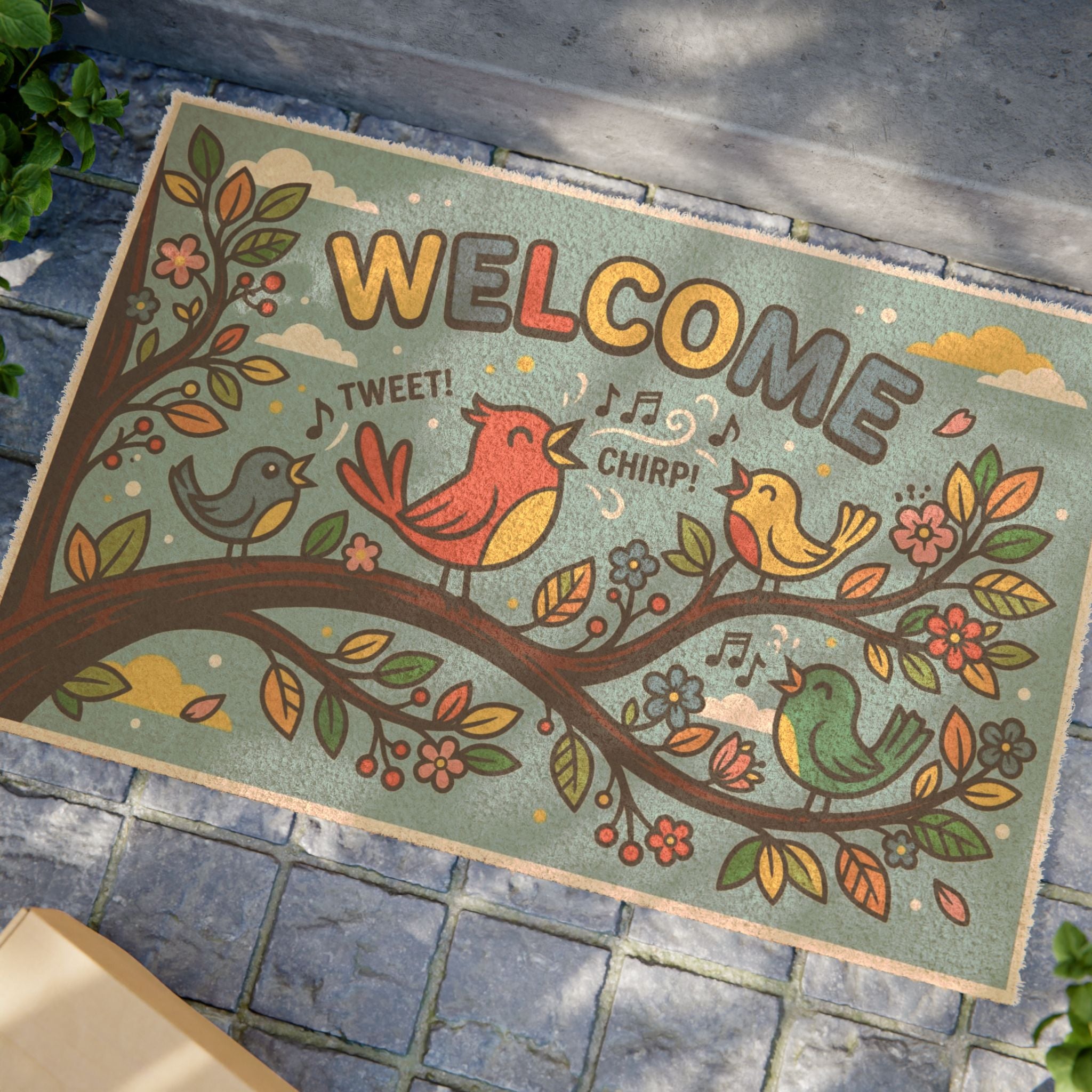 Retro Pop Art Singing Birds Welcome Doormat