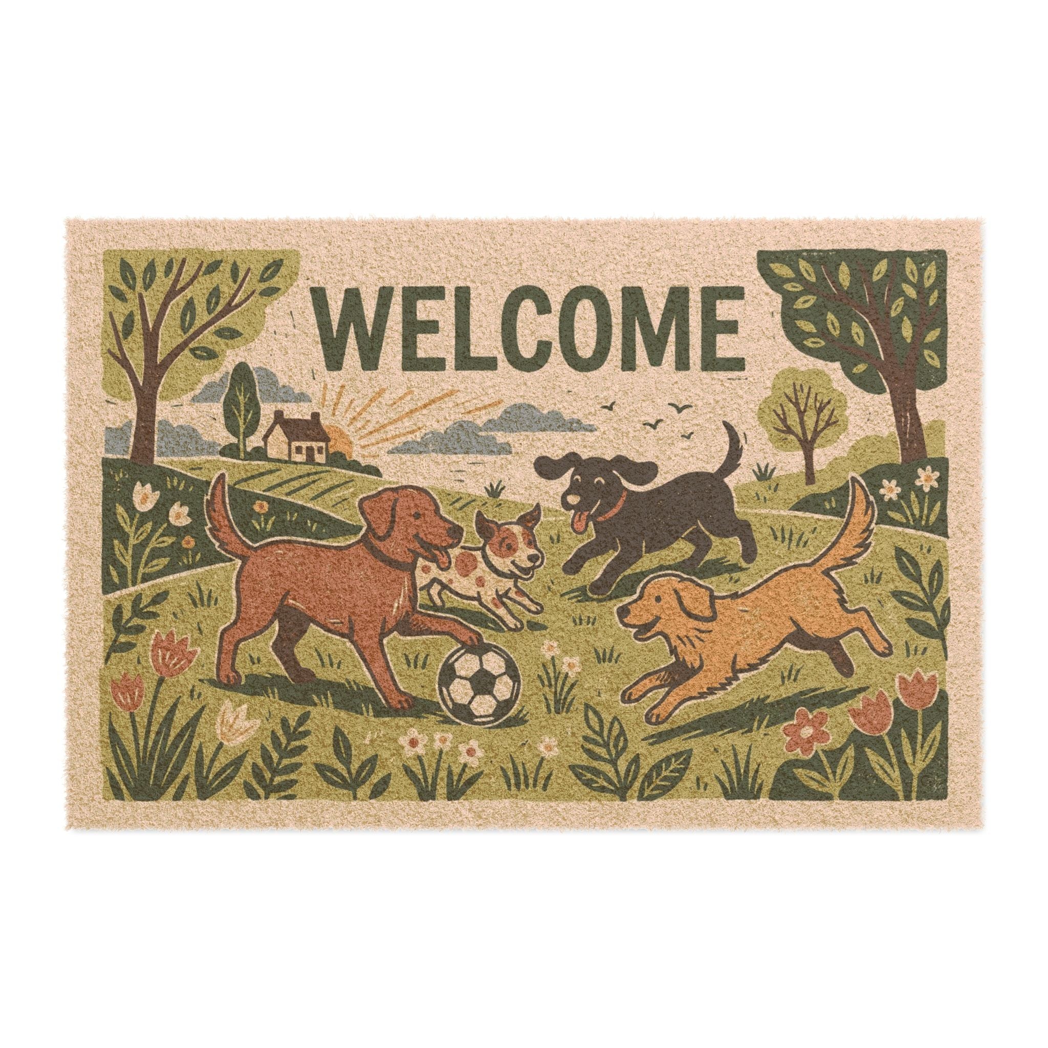 Playful Pups Blockprint Welcome Doormat