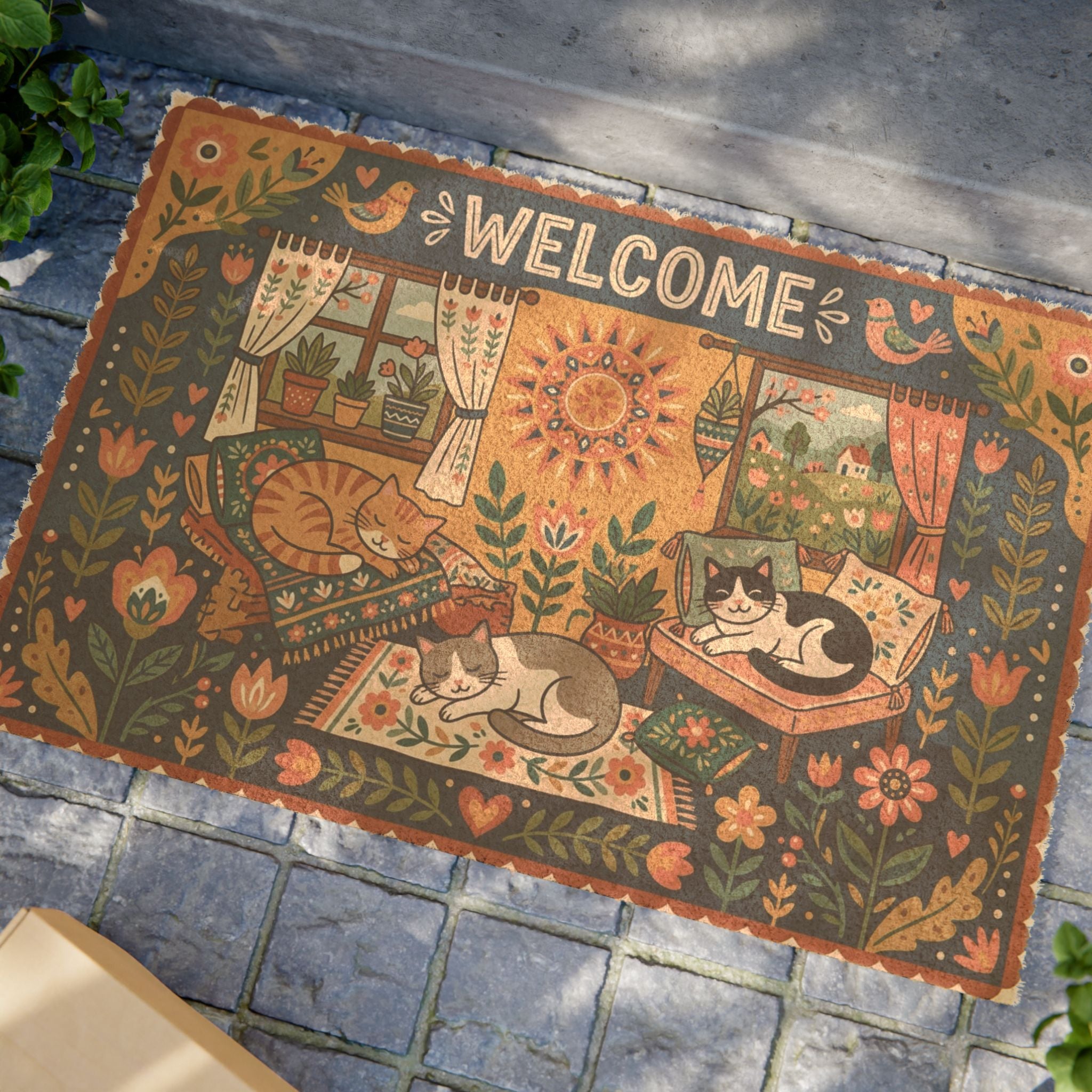 Scandinavian Cozy Cats Spring Welcome Mat