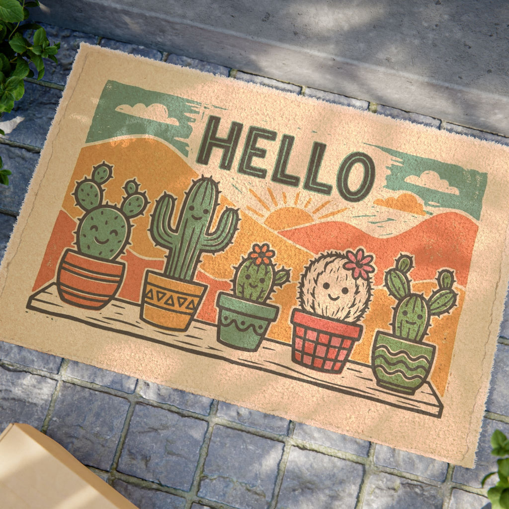 Sunny Linocut Hello Desert Cacti Welcome Doormat
