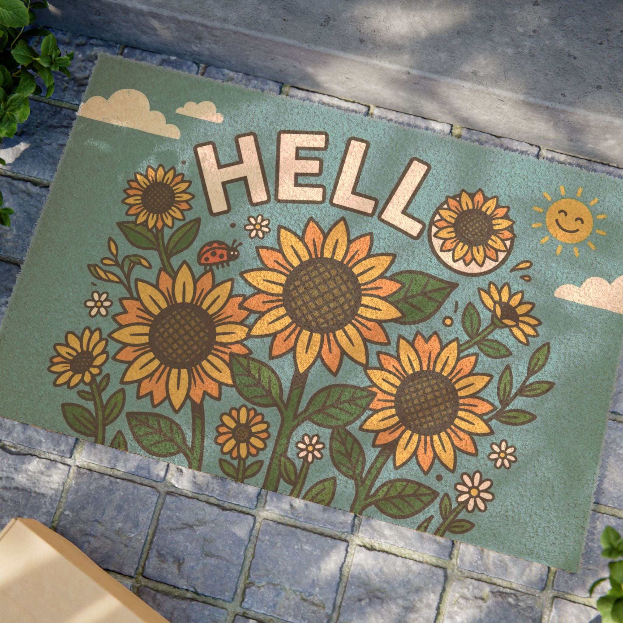 Sunny Pop Art Sunflower Hello Welcome Doormat