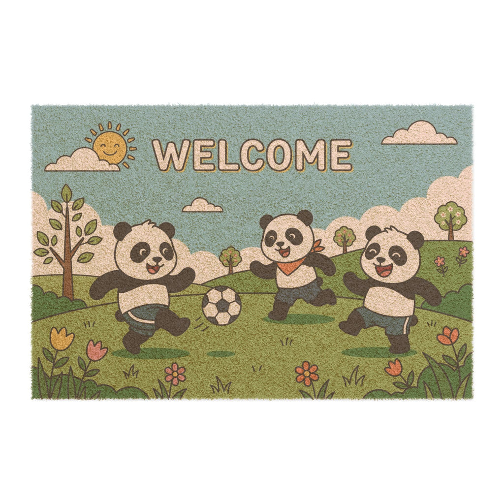 Playful Pandas Soccer Welcome Mat