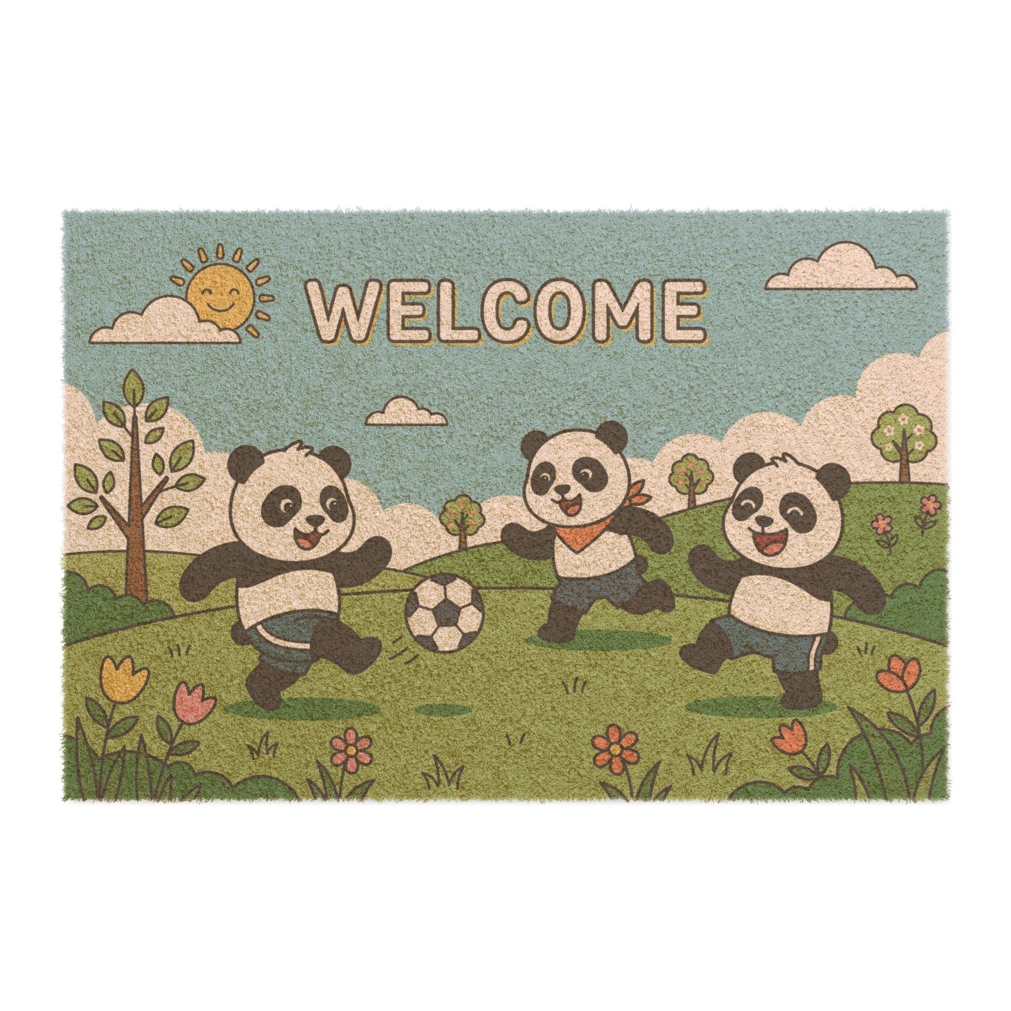 Playful Pandas Soccer Welcome Mat