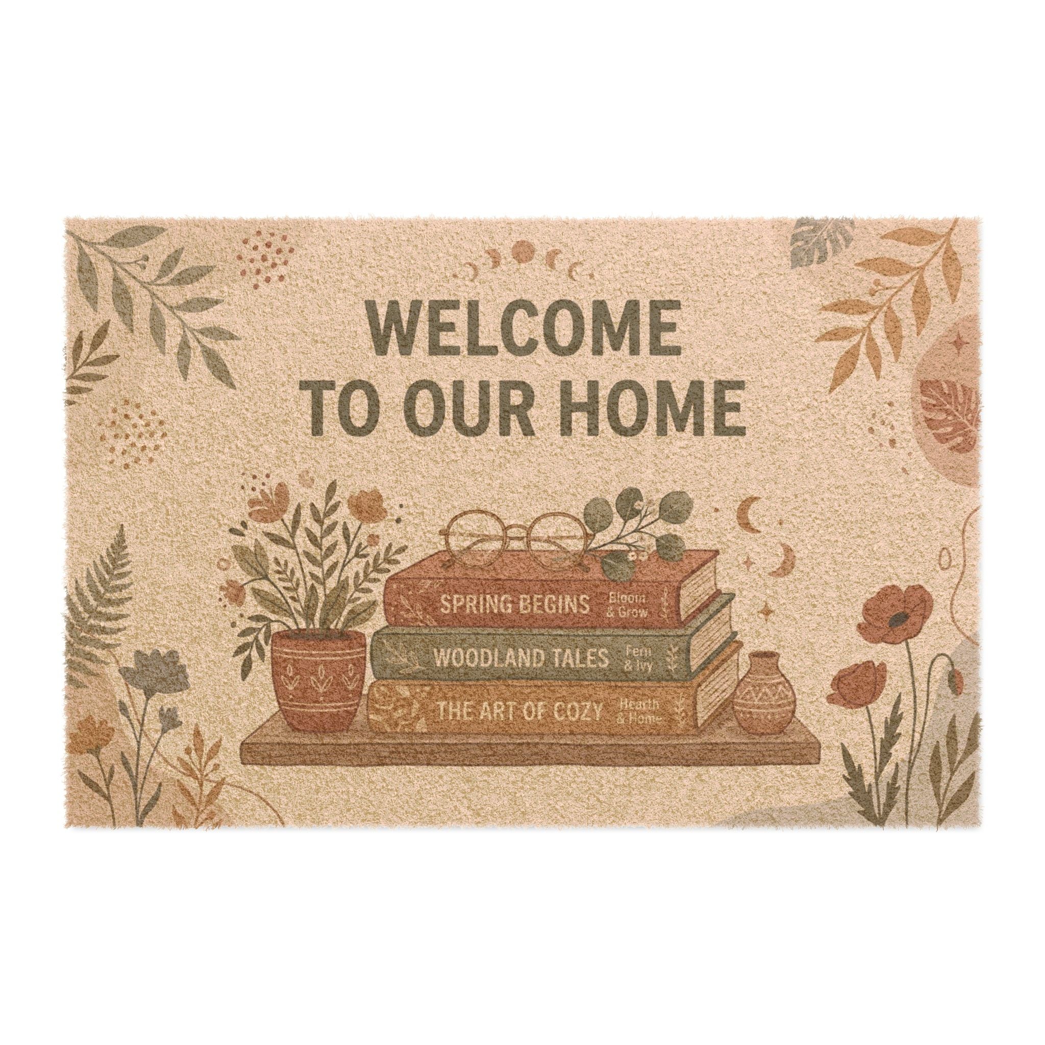 Boho Cozy Bookstack Botanical Welcome Art