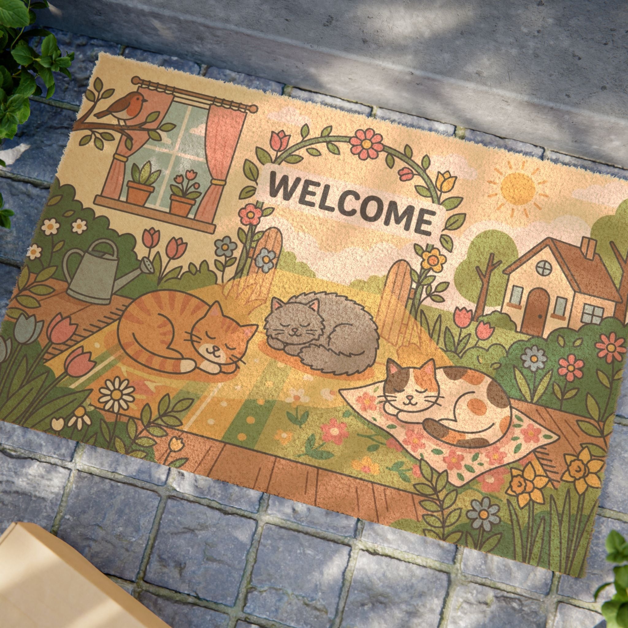 Sun-Kissed Garden Cats Welcome Illustration