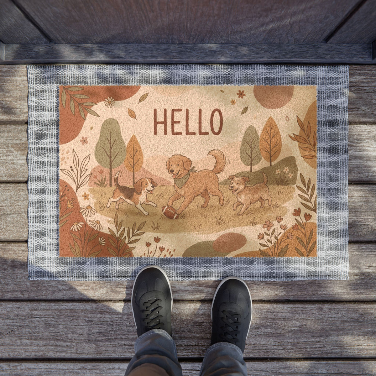 Boho Botanical Playful Pups Hello Doormat