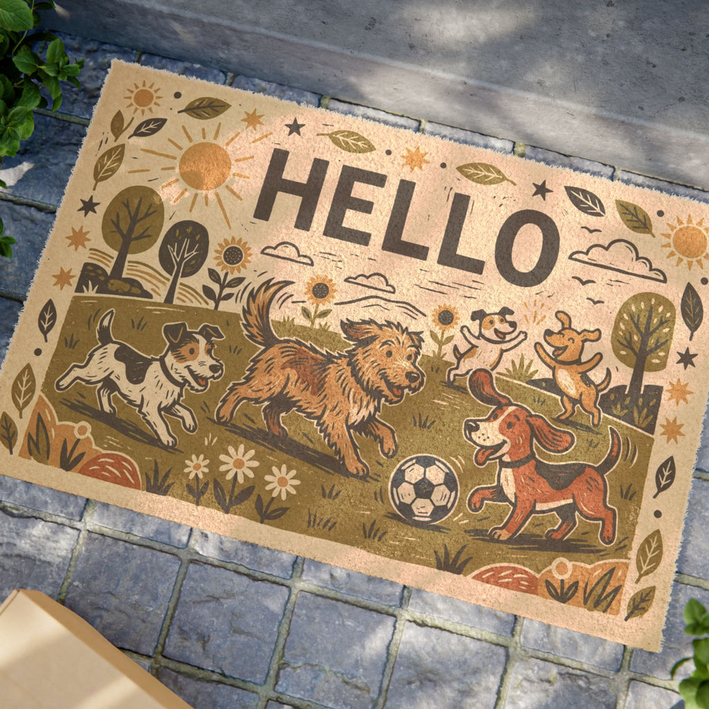 Playful Linocut Pups Summer Welcome Mat