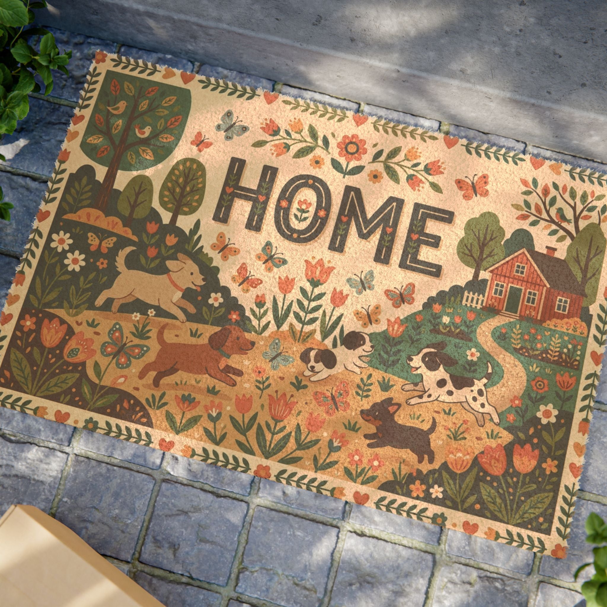 Nordic Folk Puppies Spring Garden Home Doormat