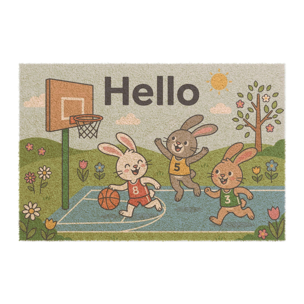 Playful Basketball Bunnies Hello Spring Mat
