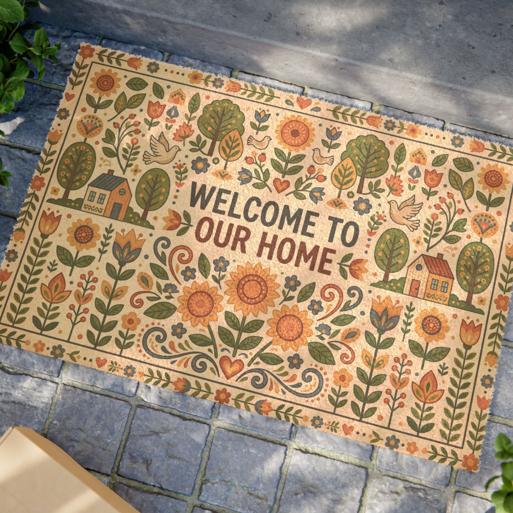 Nordic Sunflower Folk Art Welcome Doormat