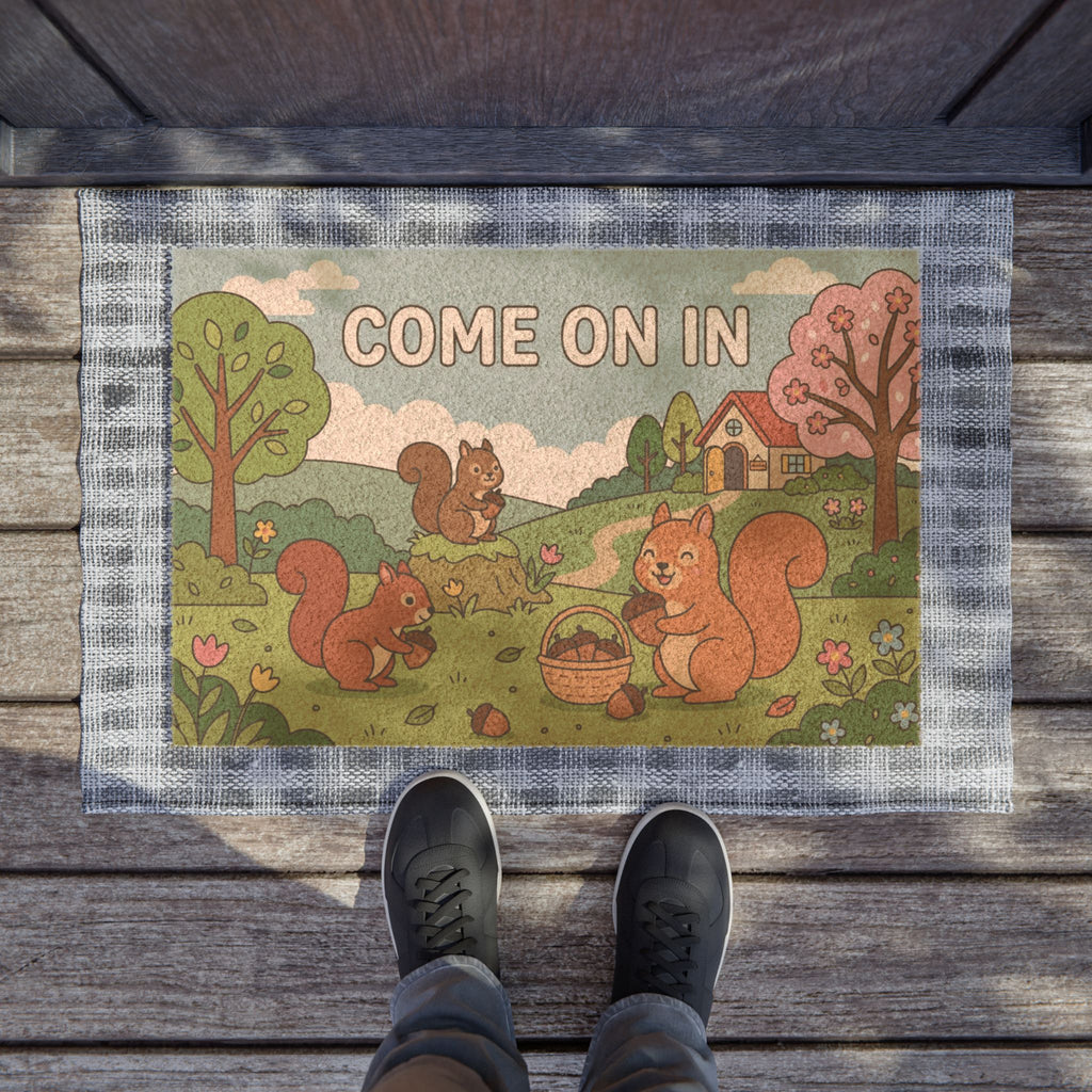 Happy Squirrels Spring Welcome Mat