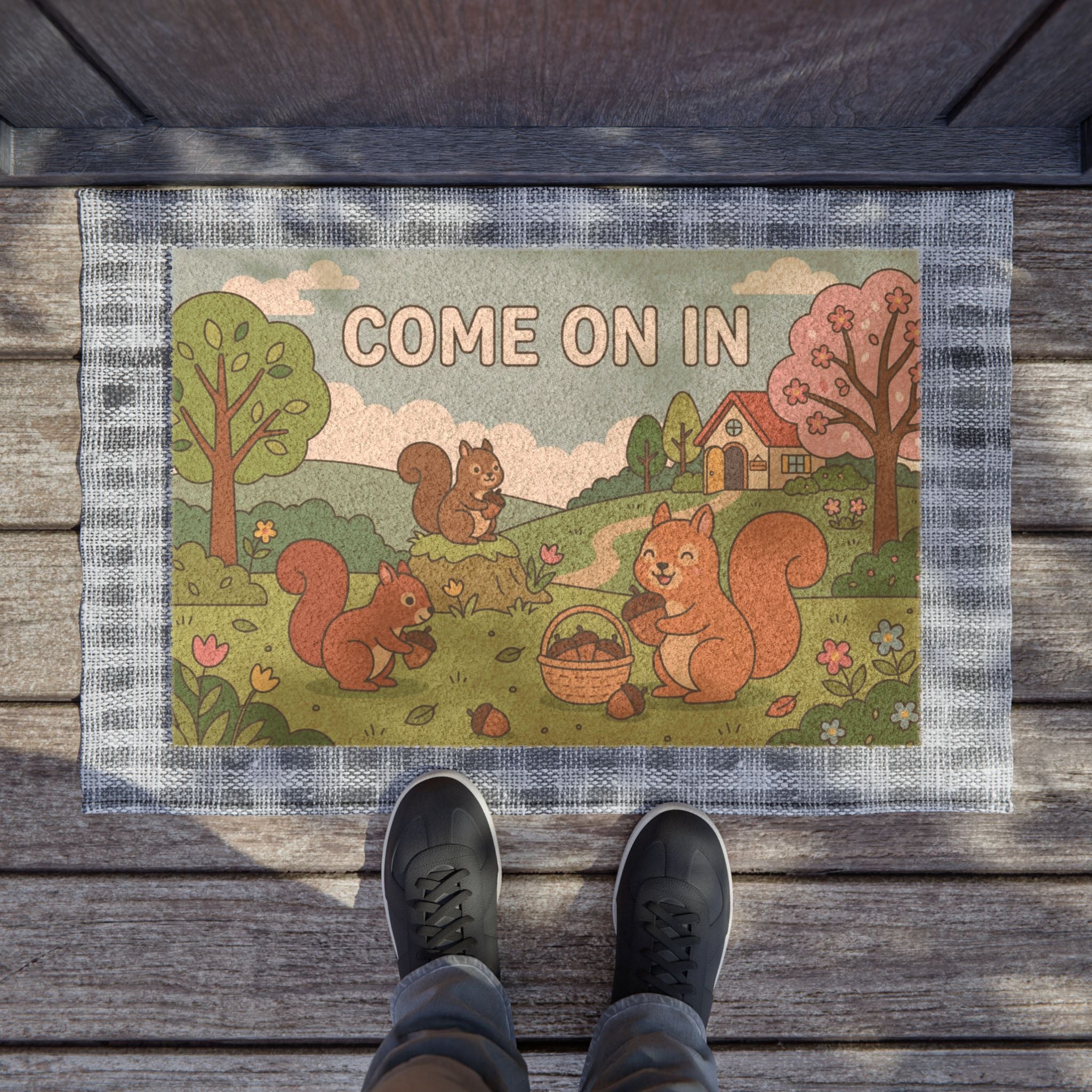 Happy Squirrels Spring Welcome Mat