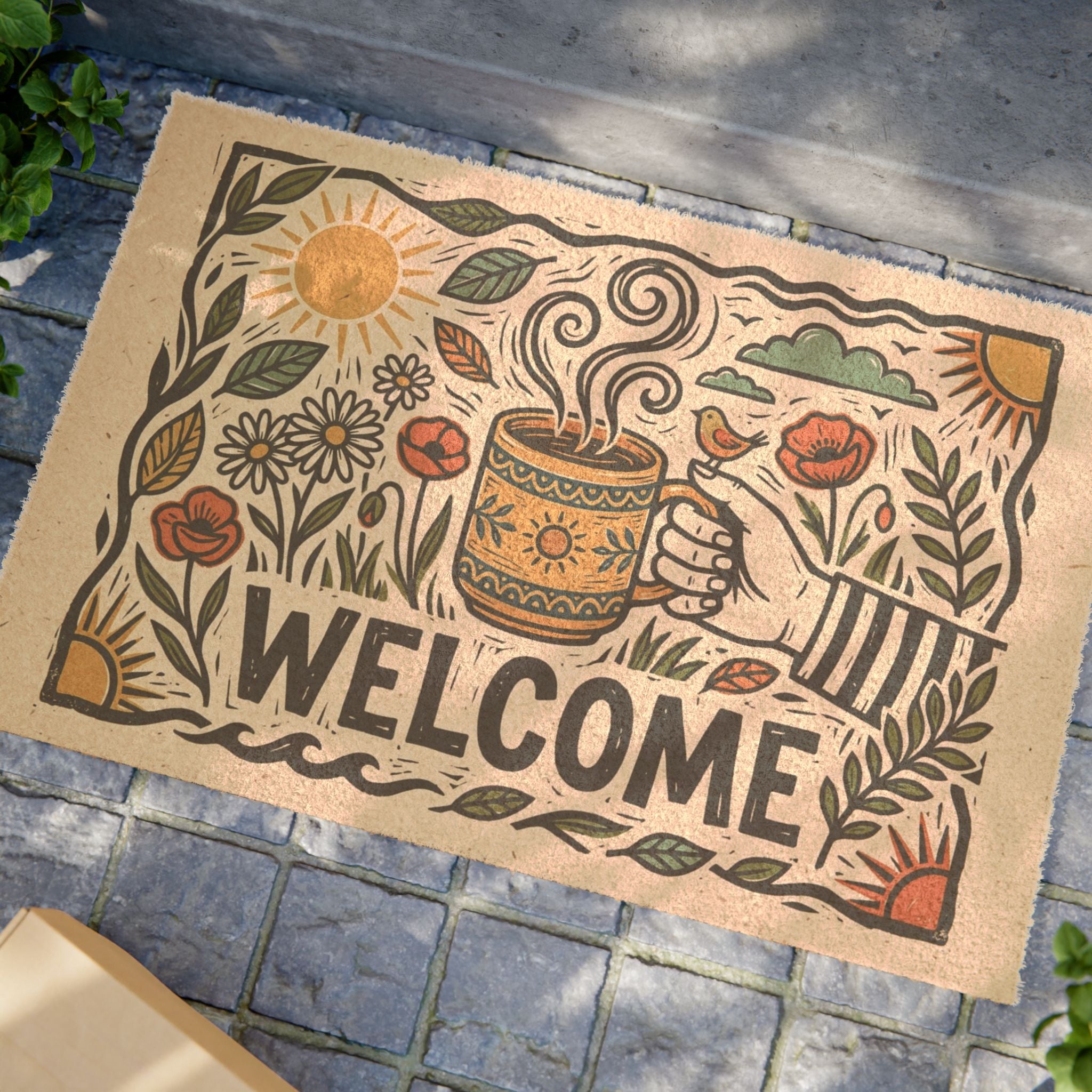 Sun-Kissed Brew Linocut Welcome Doormat