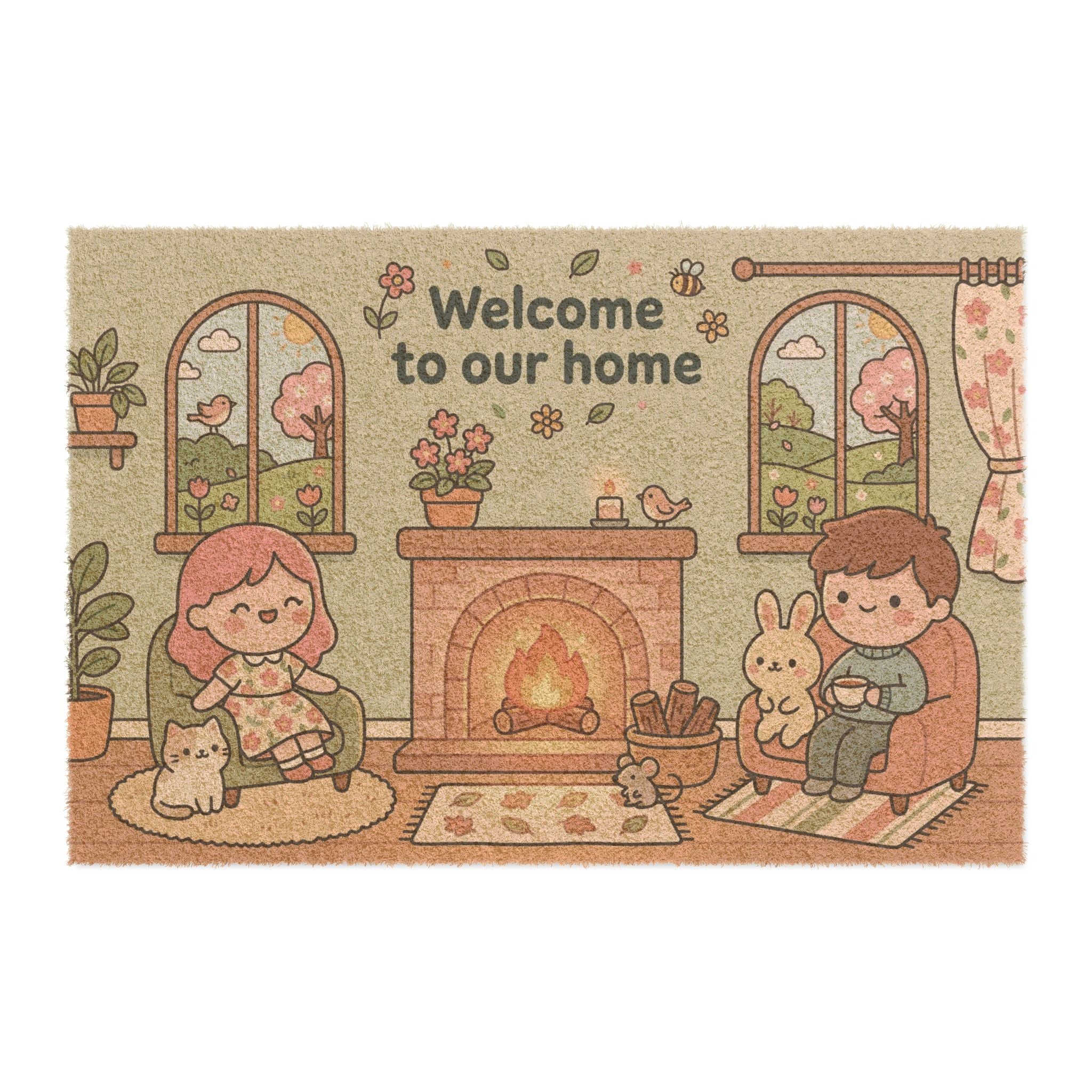 Cozy Kawaii Spring Fireplace Welcome Art