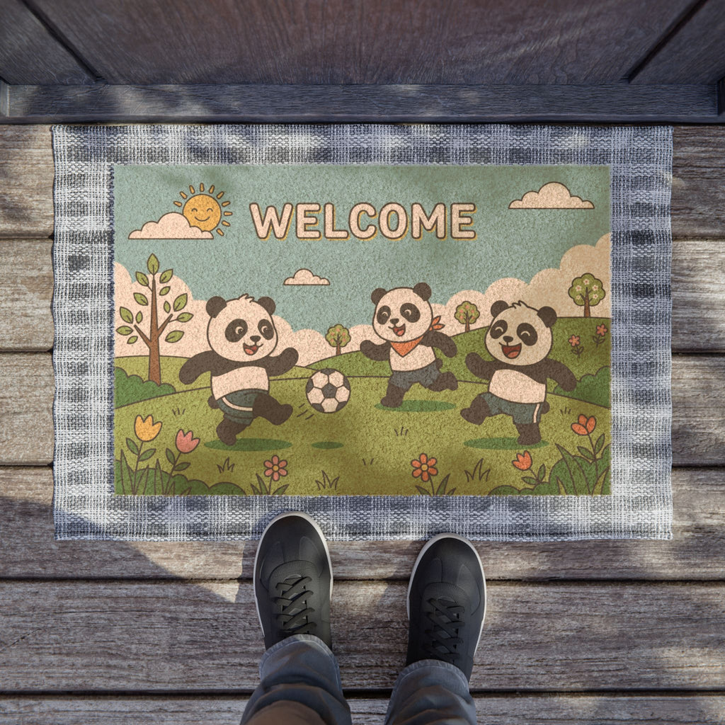 Playful Pandas Soccer Welcome Mat