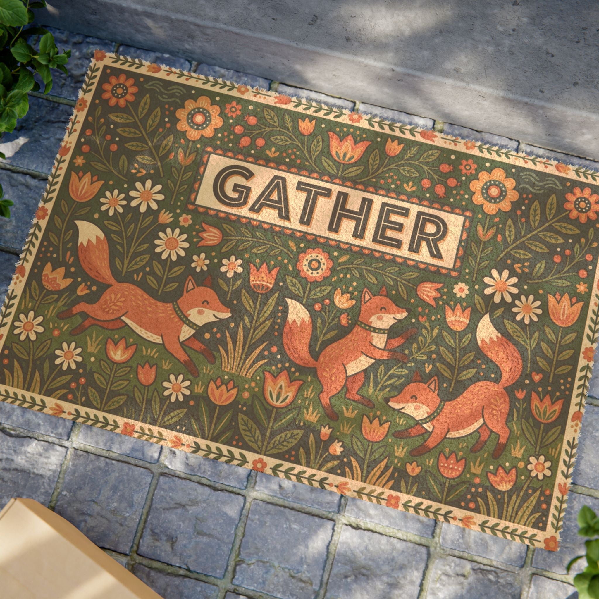 Cozy Nordic Foxes Spring Gather Doormat