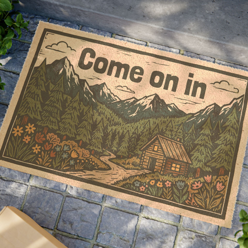 Cozy Mountain Cabin Linocut Welcome Doormat