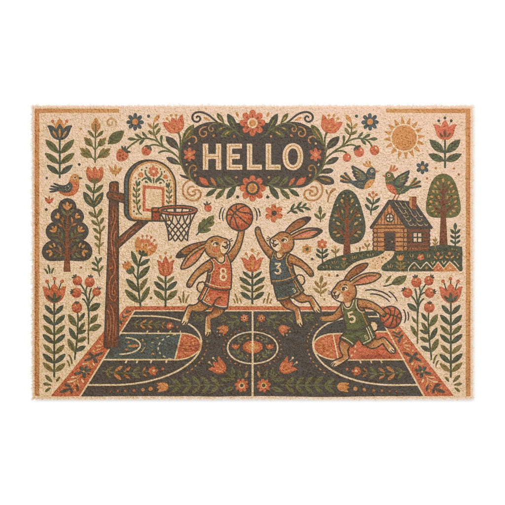 Retro Folk Art Basketball Bunnies Doormat