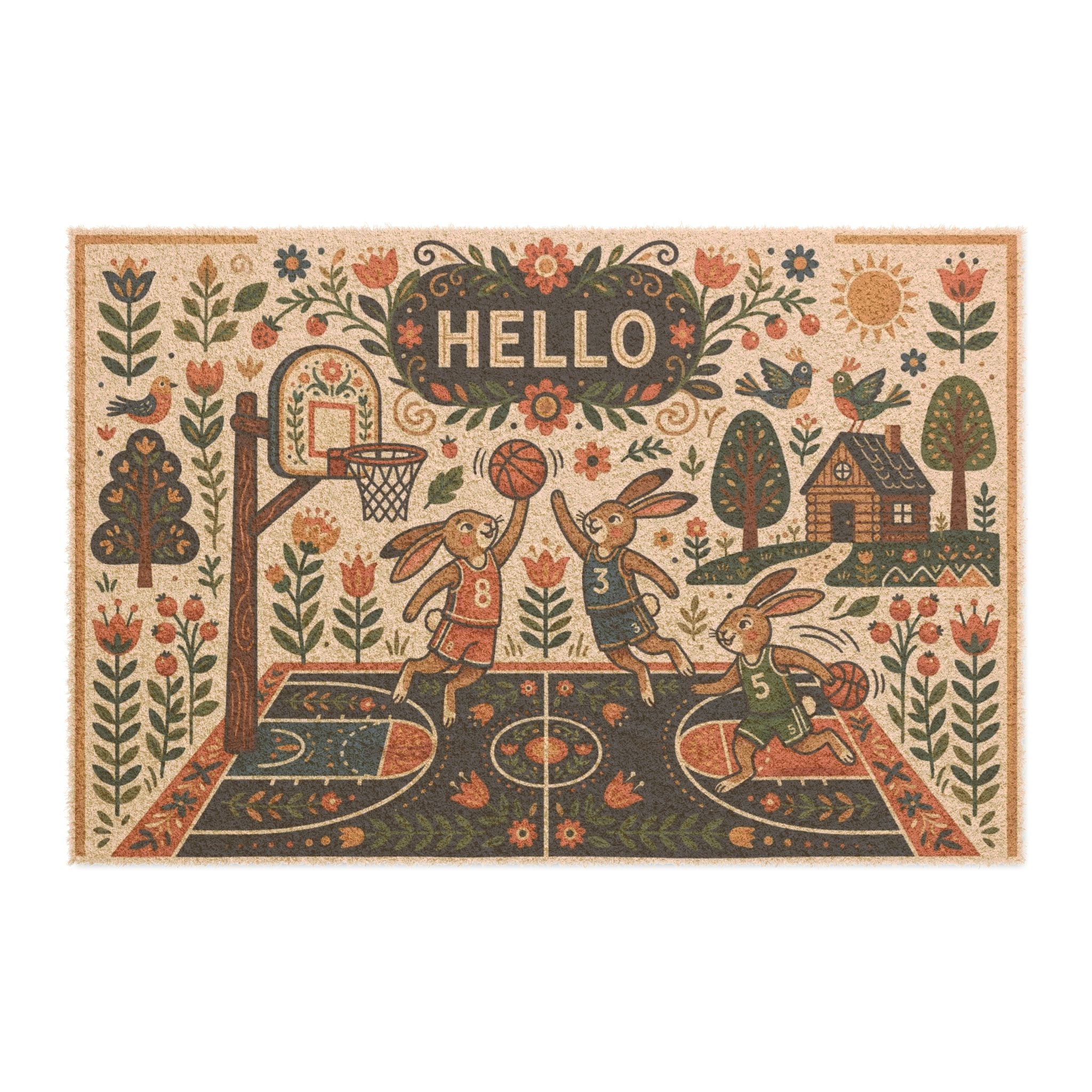 Retro Folk Art Basketball Bunnies Doormat