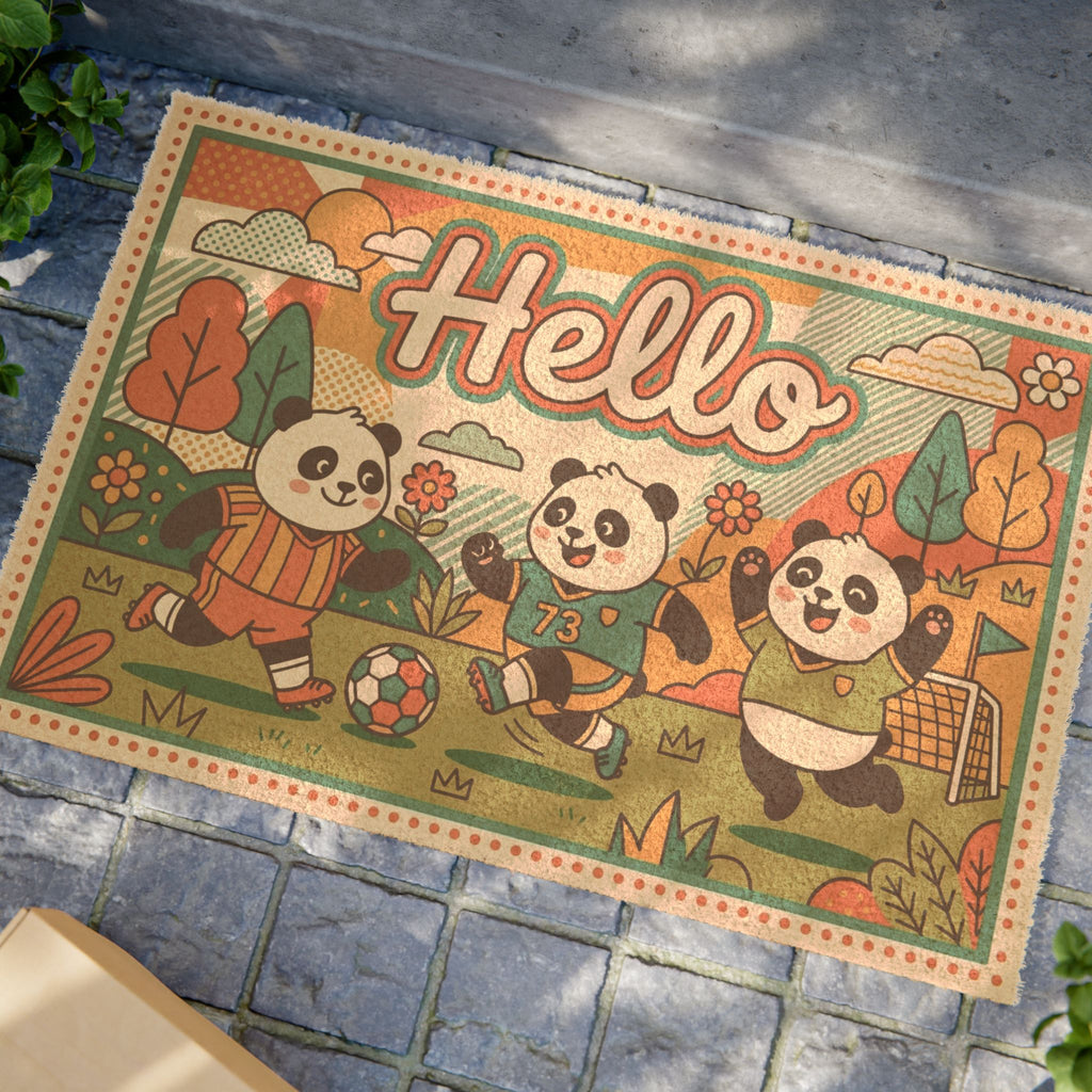 70s Retro Hello Playful Soccer Pandas Doormat
