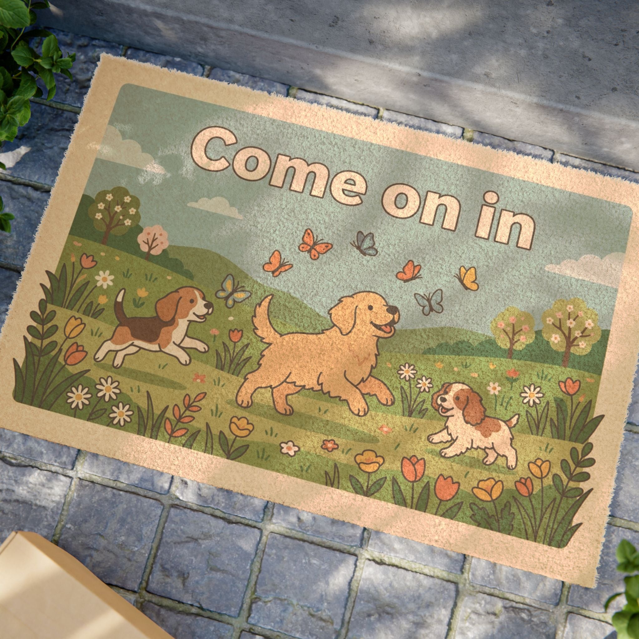 Playful Puppies Spring Welcome Doormat