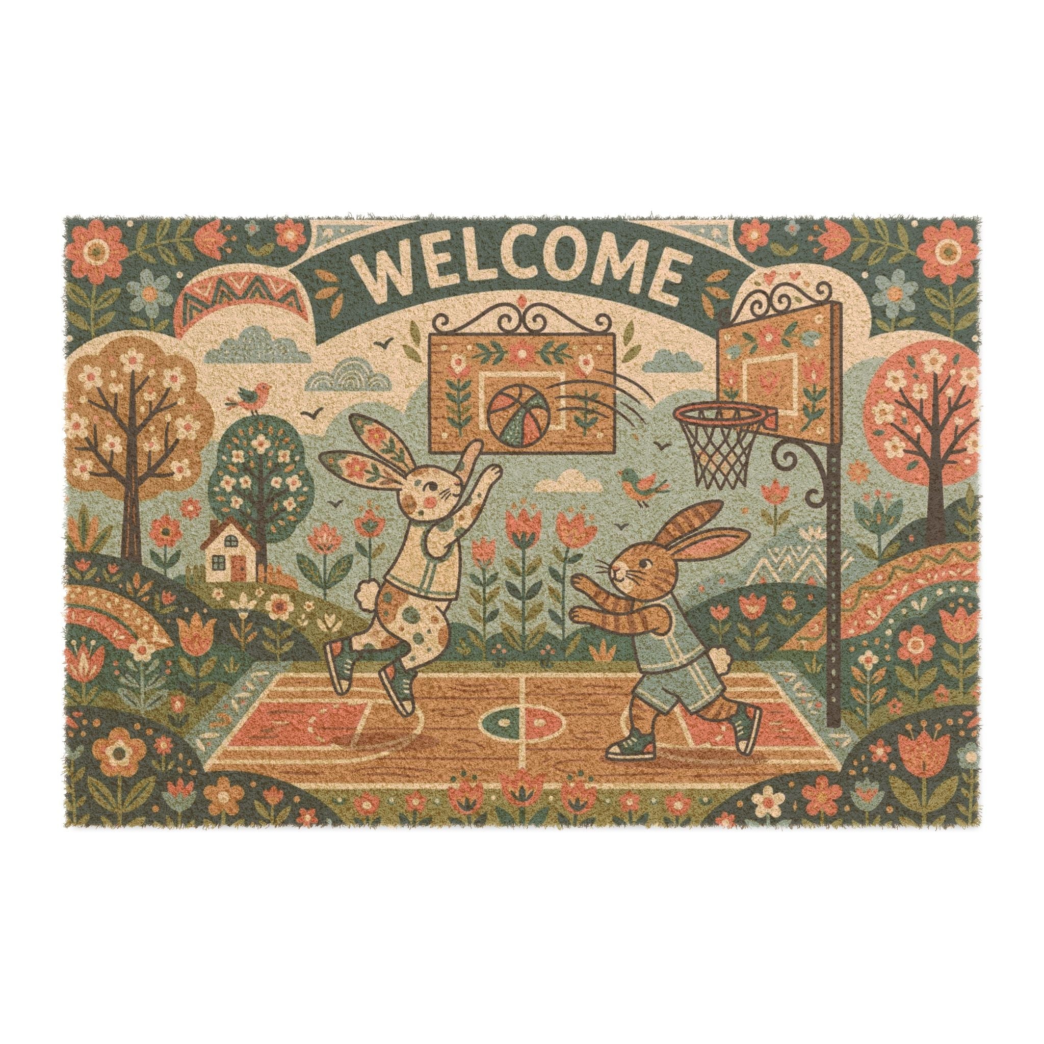 Nordic Spring Hoops Bunnies Welcome Doormat