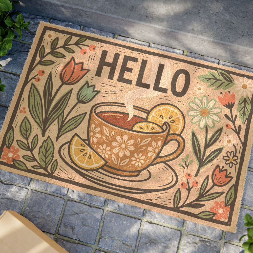Cozy Lemon Tea Linocut Welcome Doormat