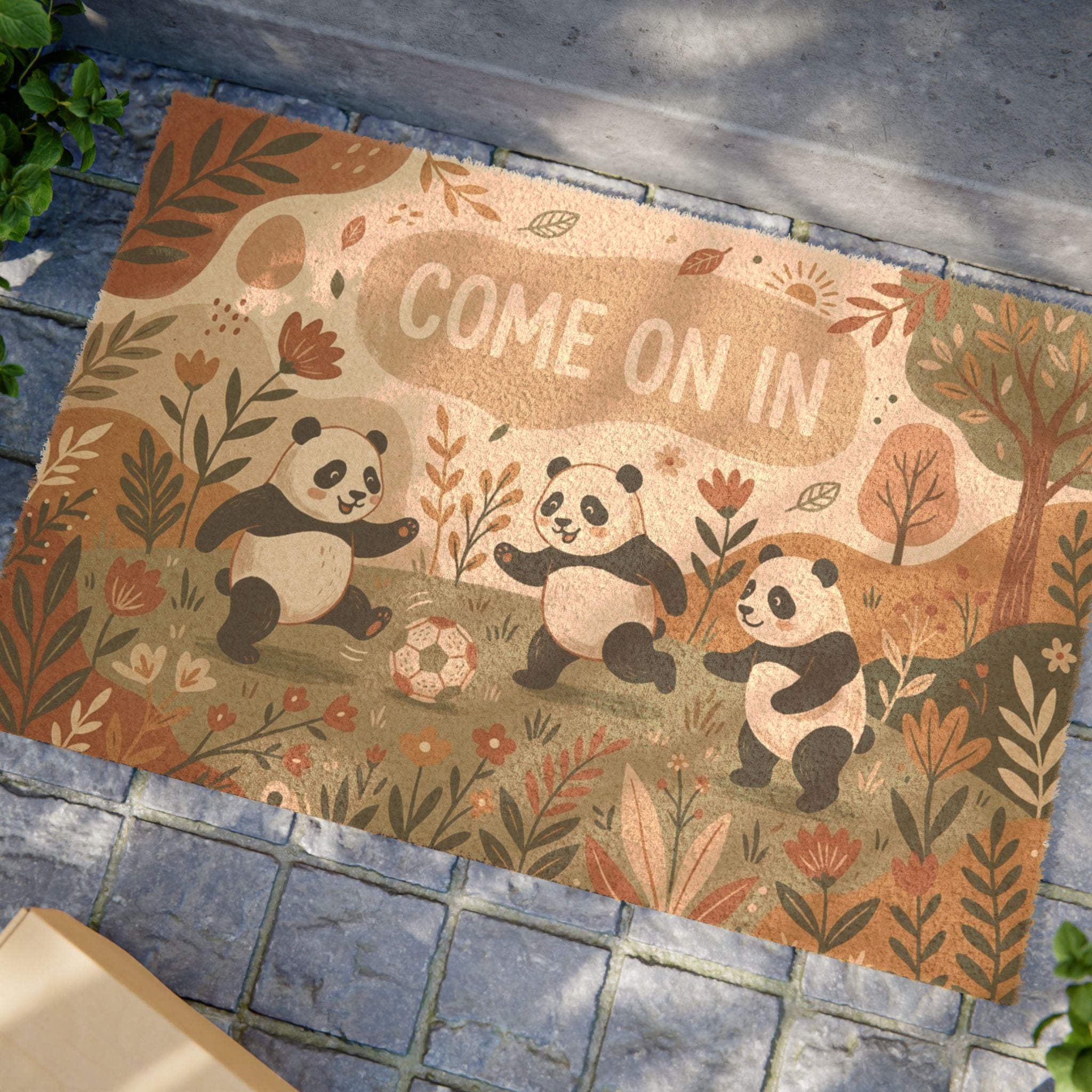 Boho Botanical Soccer Pandas Welcome Doormat