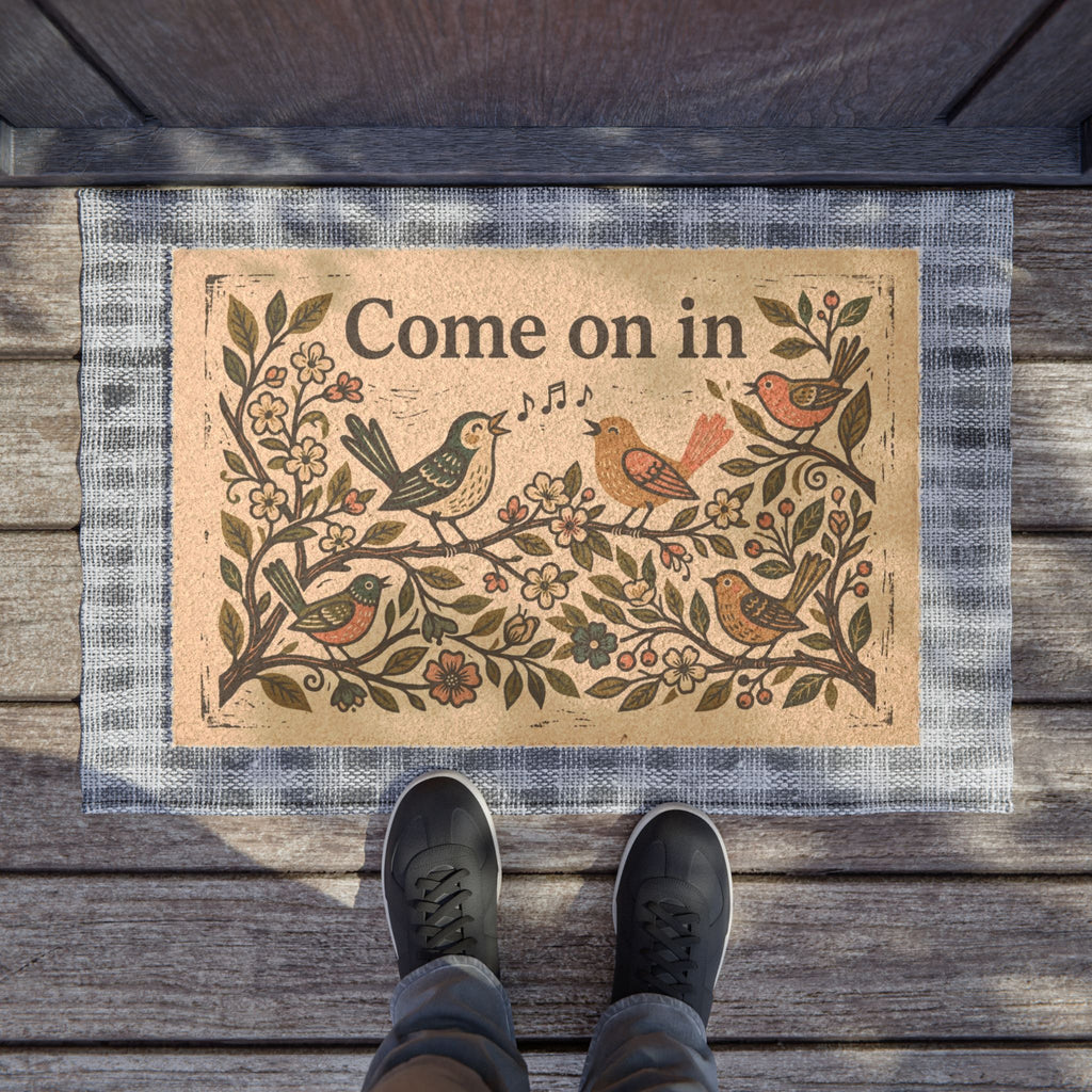 Blockprint Spring Songbirds Welcome Doormat