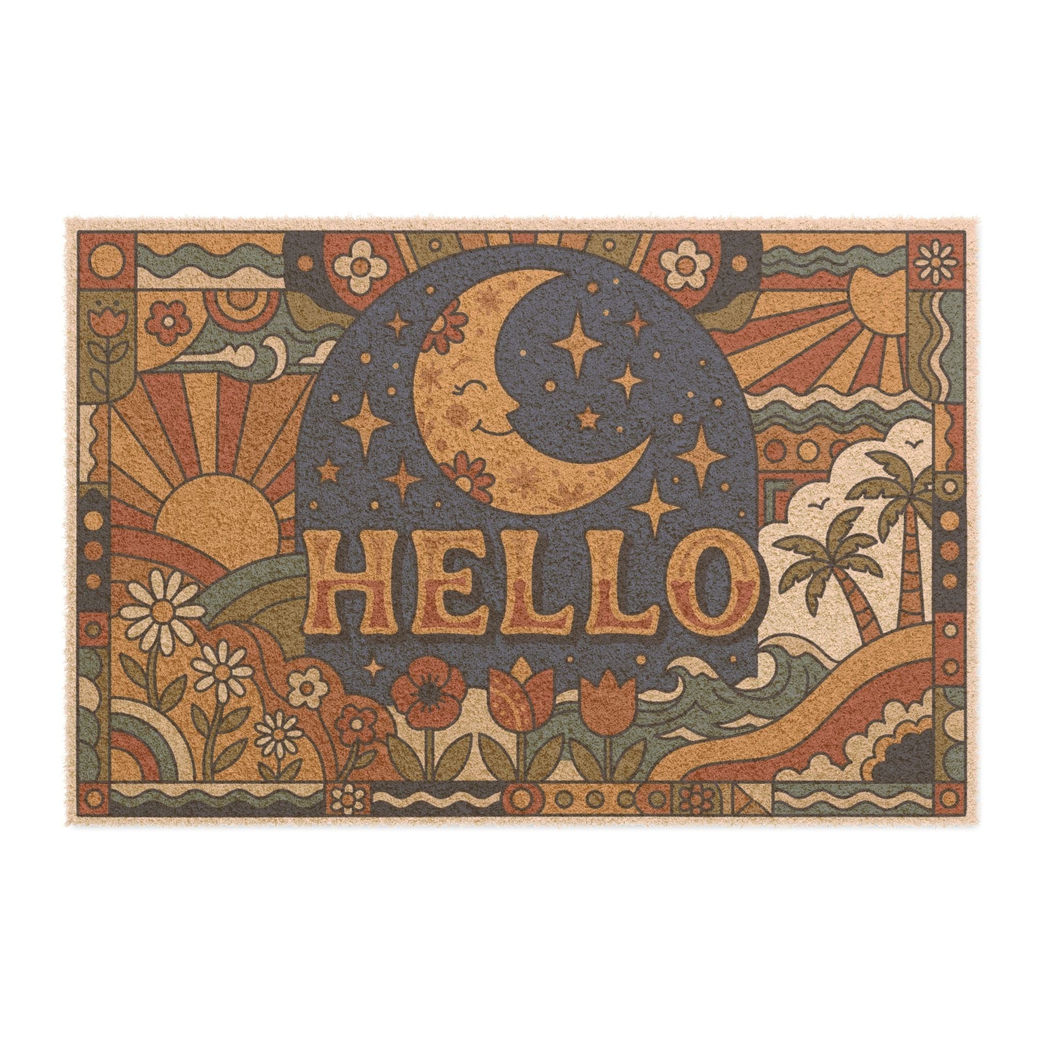 Groovy Retro Golden Moon Hello Doormat