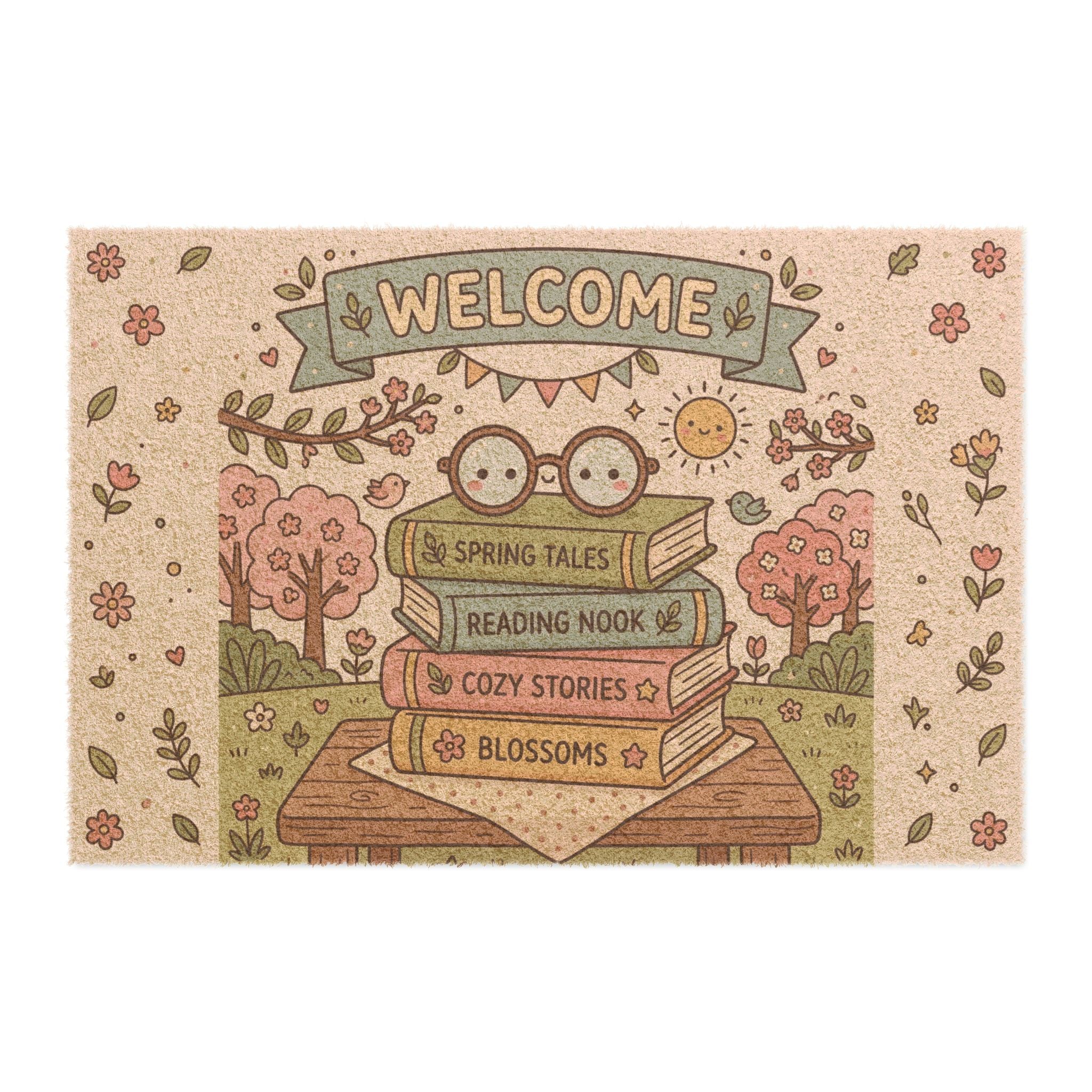 Kawaii Spring Bookworm Welcome Doormat