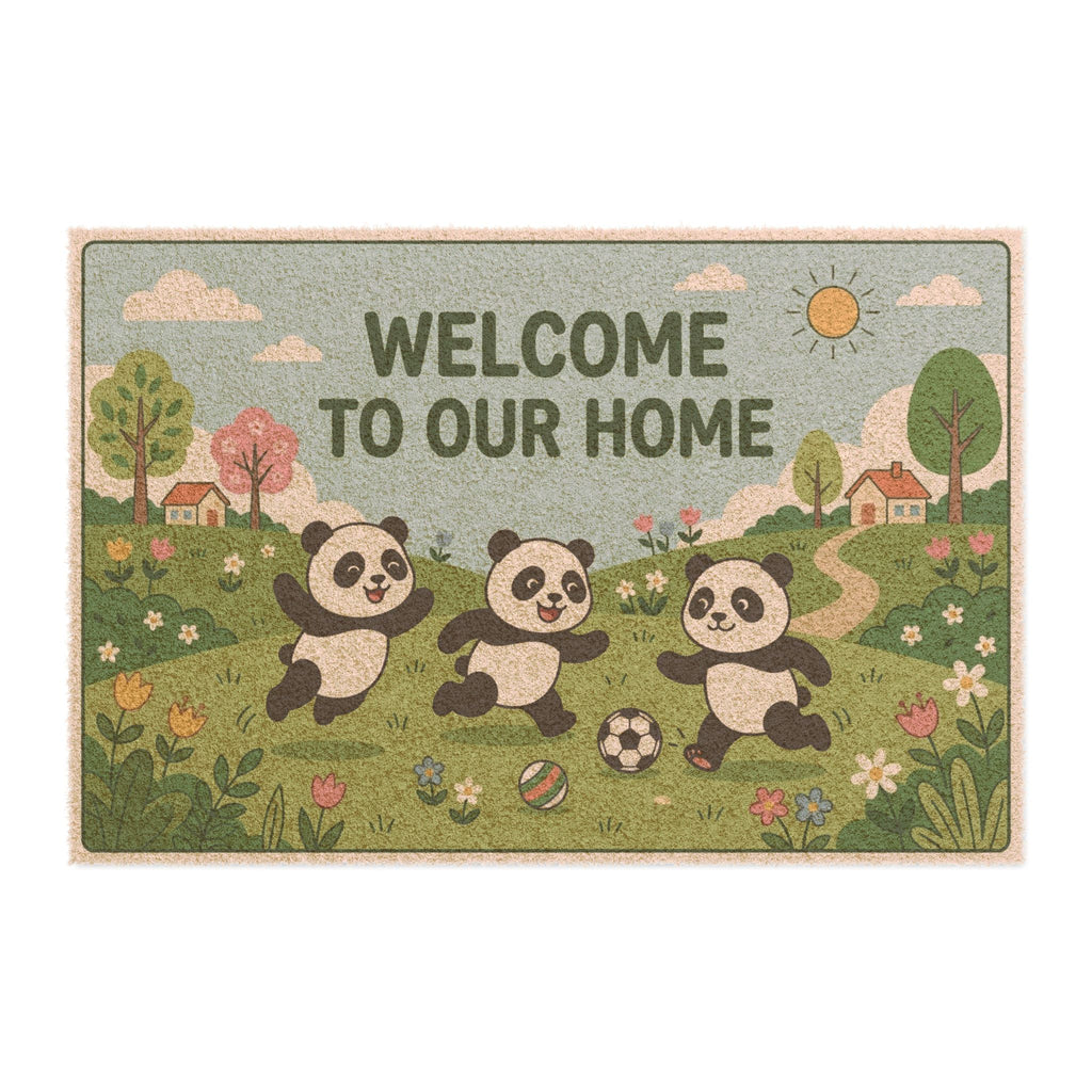 Playful Pandas Spring Soccer Welcome Mat