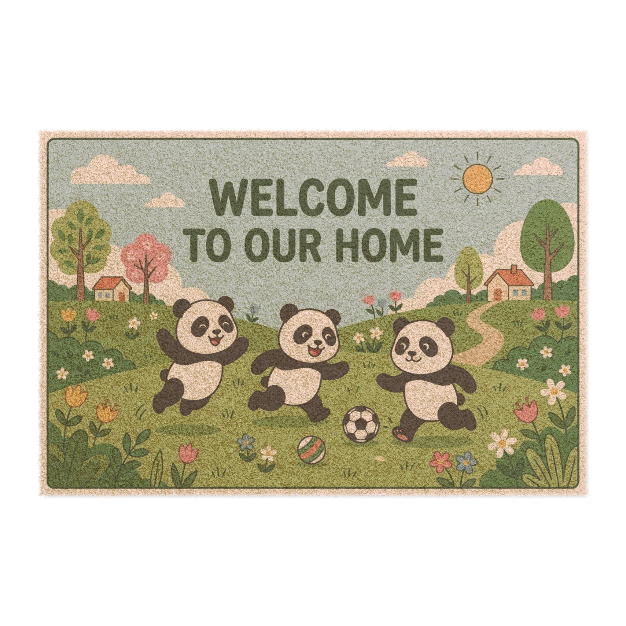 Playful Pandas Spring Soccer Welcome Mat