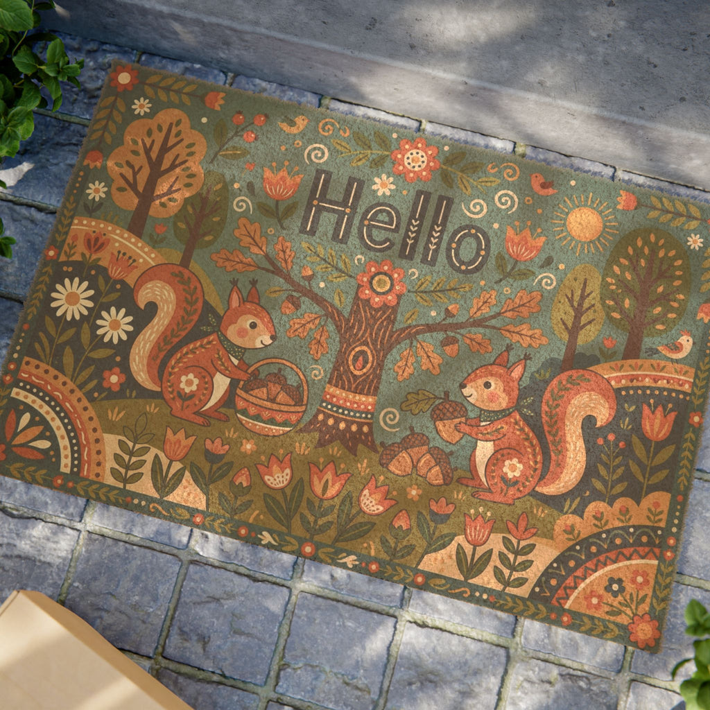 Nordic Folk Squirrels Hello Welcome Doormat