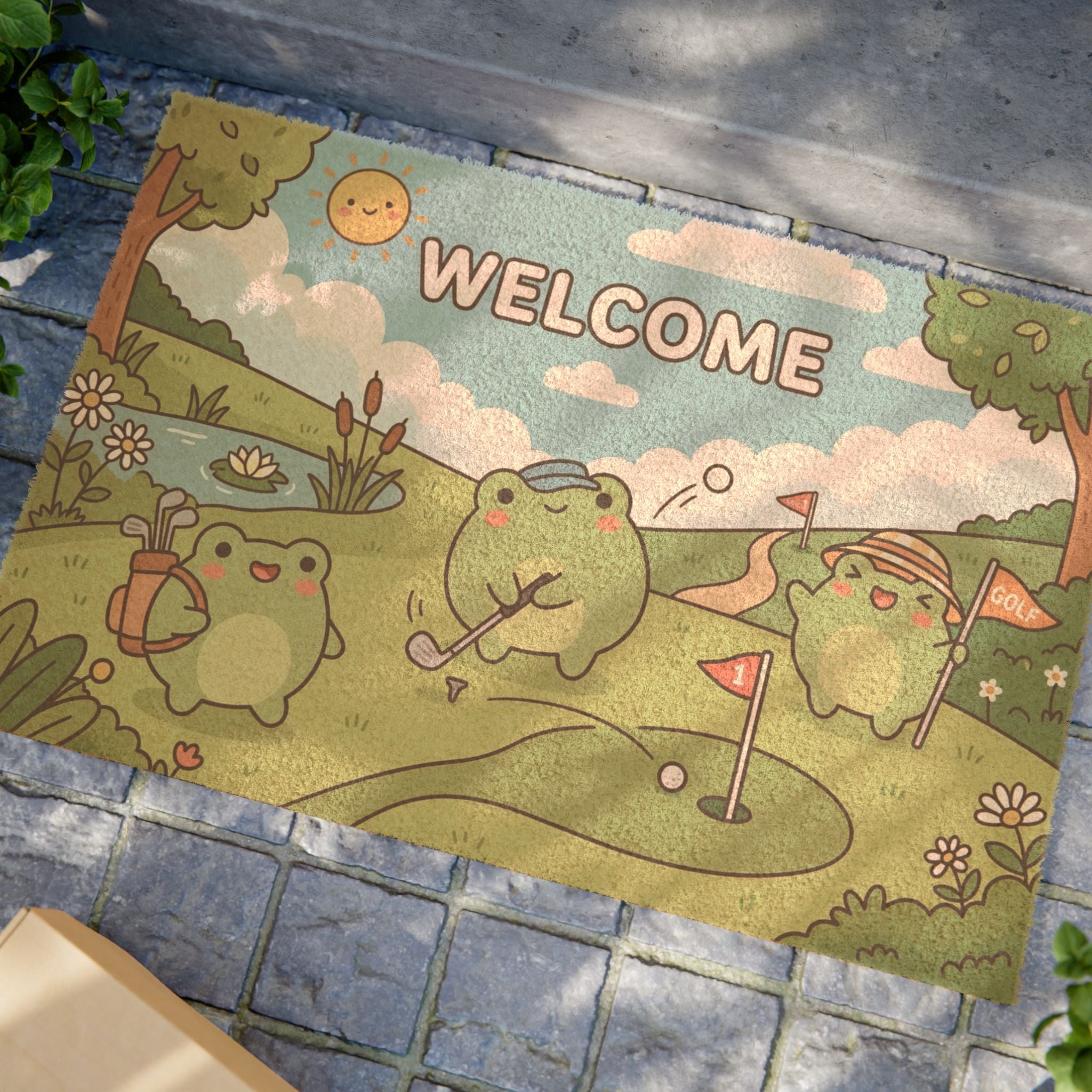 Kawaii Golfing Frogs Welcome Doormat
