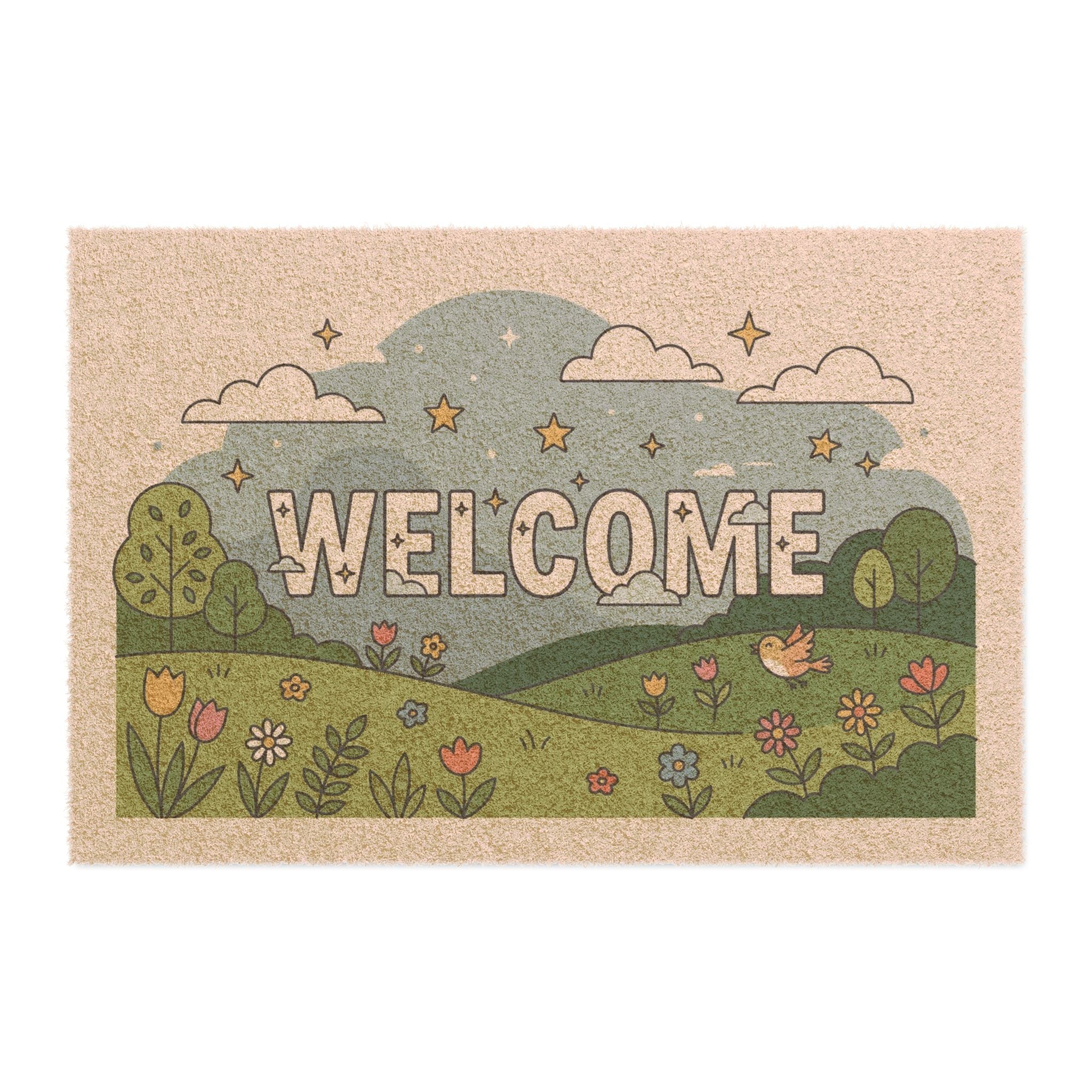 Whimsical Starry Spring Meadow Welcome Mat