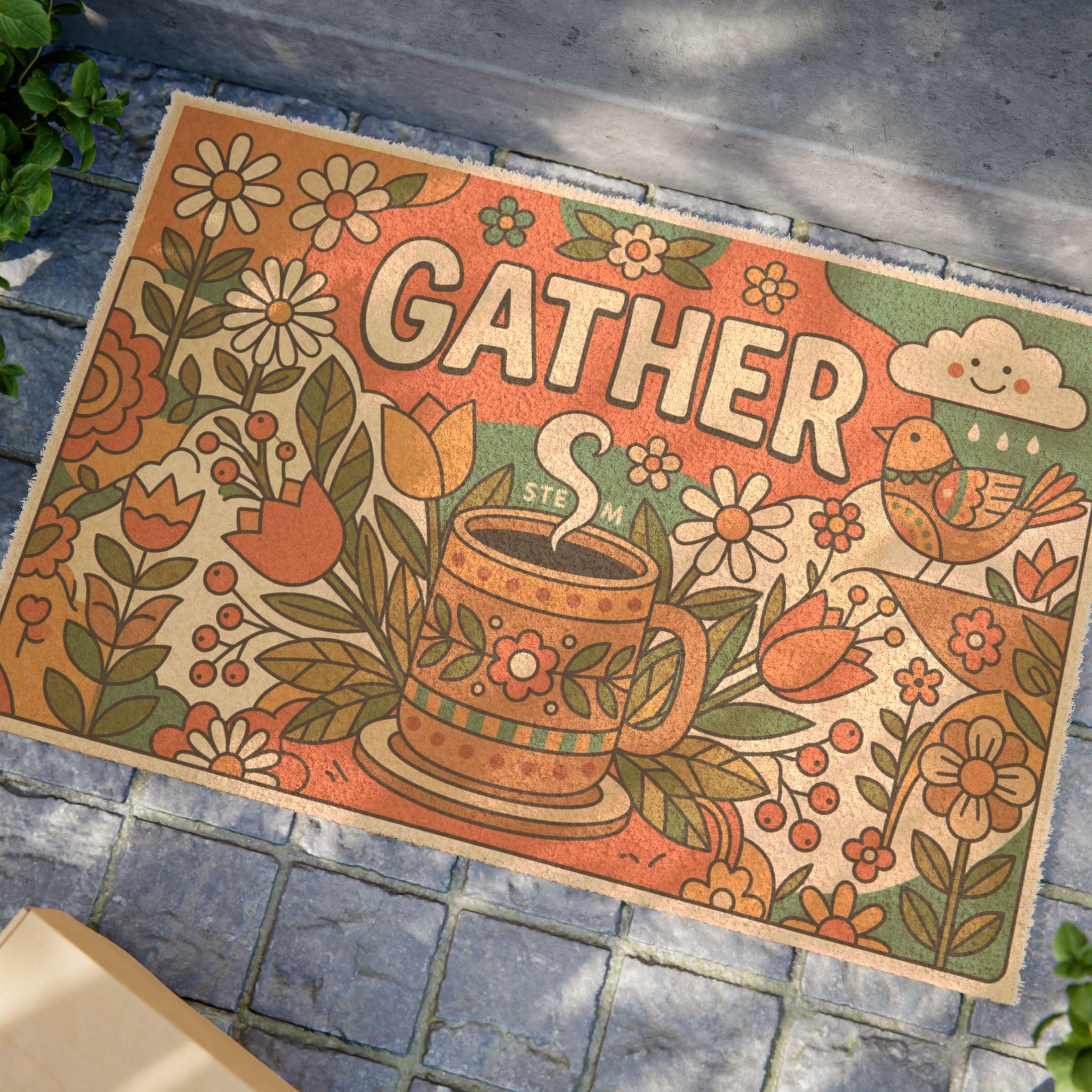Retro 70s Gather Spring Floral Welcome Mat