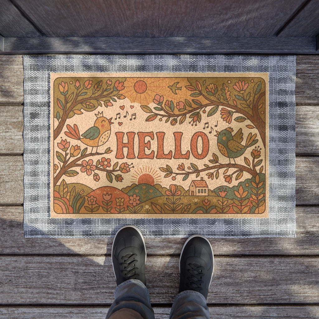 Retro 70s Hello Sunshine Singing Birds Doormat