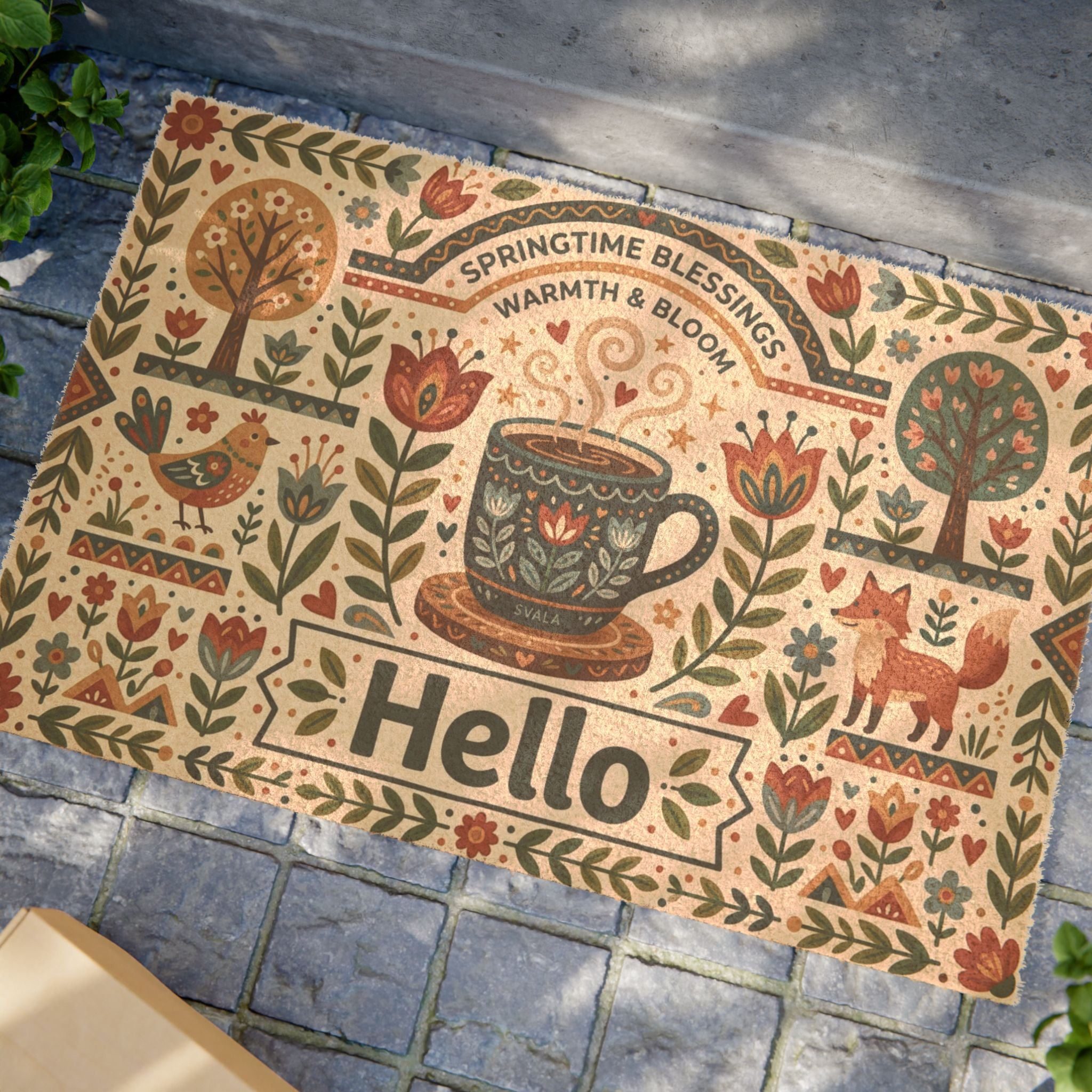 Cozy Nordic Folk Art Spring Hello Doormat