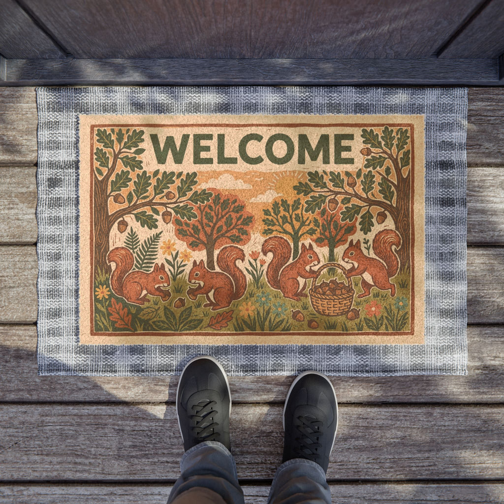 Cozy Linocut Woodland Squirrels Welcome Mat