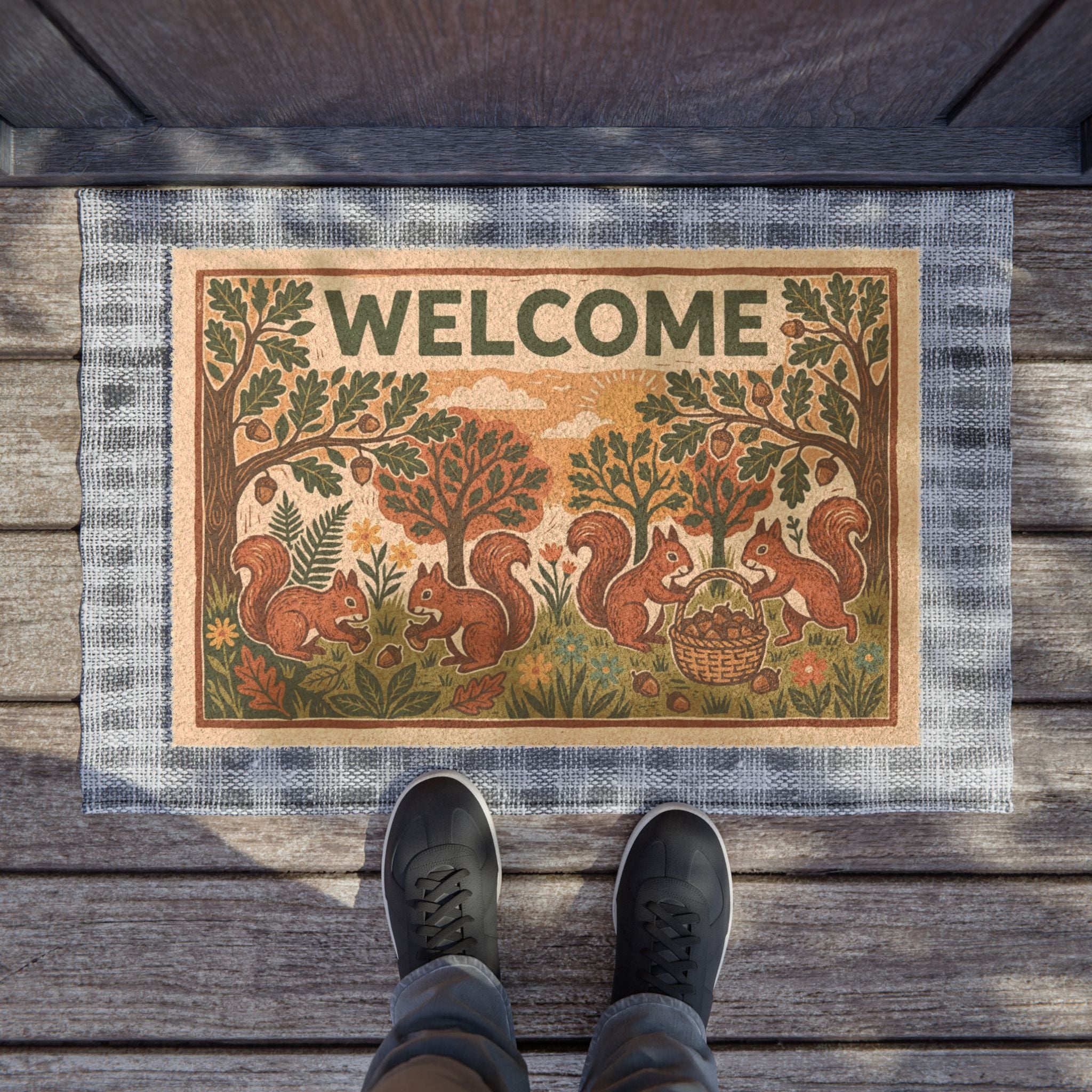 Cozy Linocut Woodland Squirrels Welcome Mat