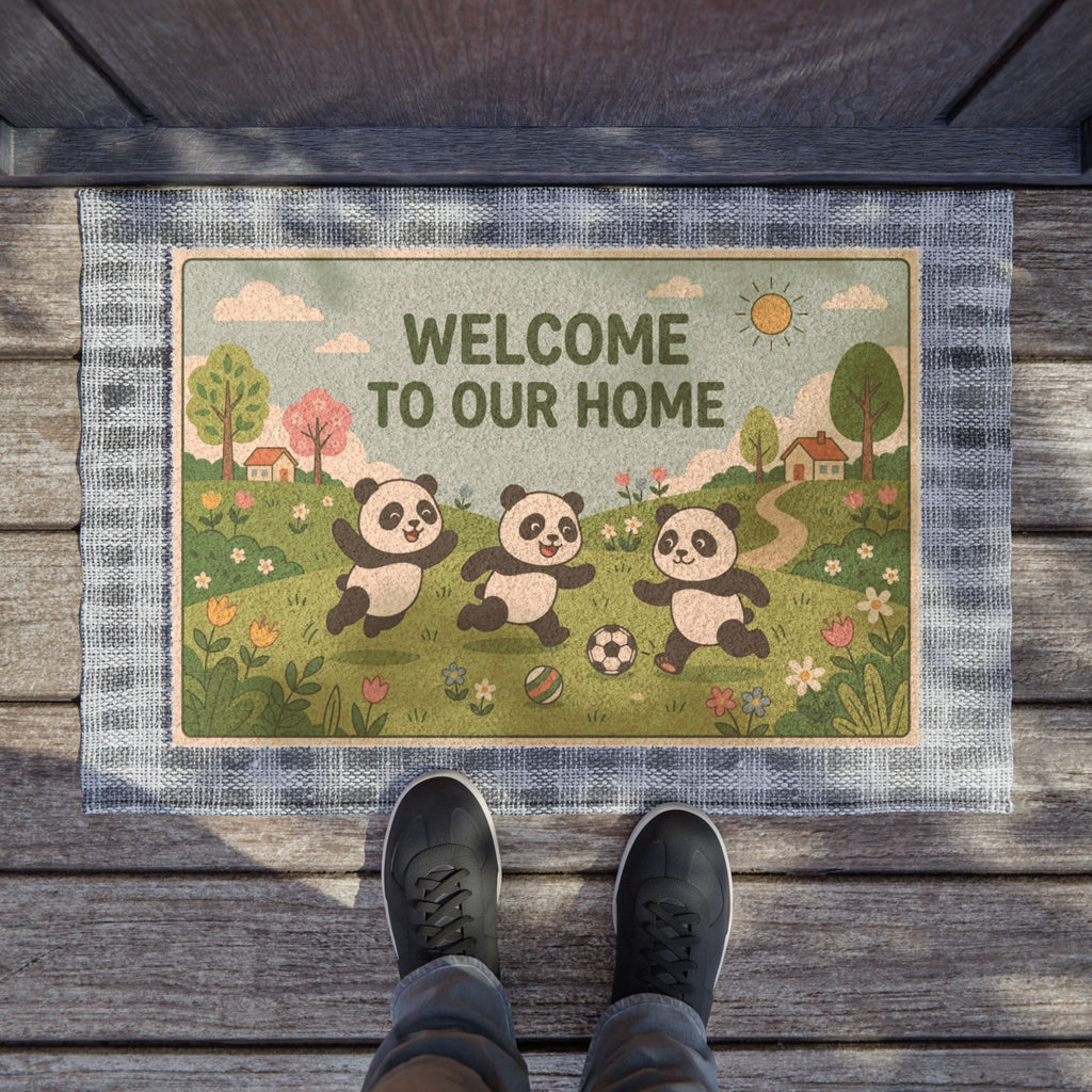 Playful Pandas Spring Soccer Welcome Mat