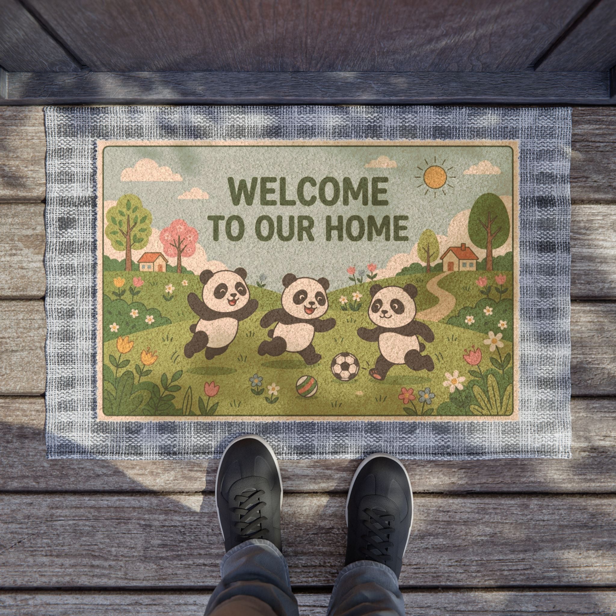 Playful Pandas Spring Soccer Welcome Mat