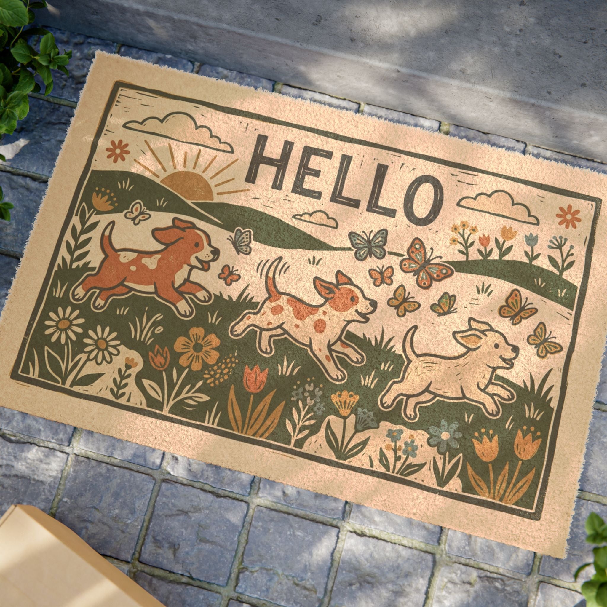 Retro Linocut Hello Spring Puppies Doormat