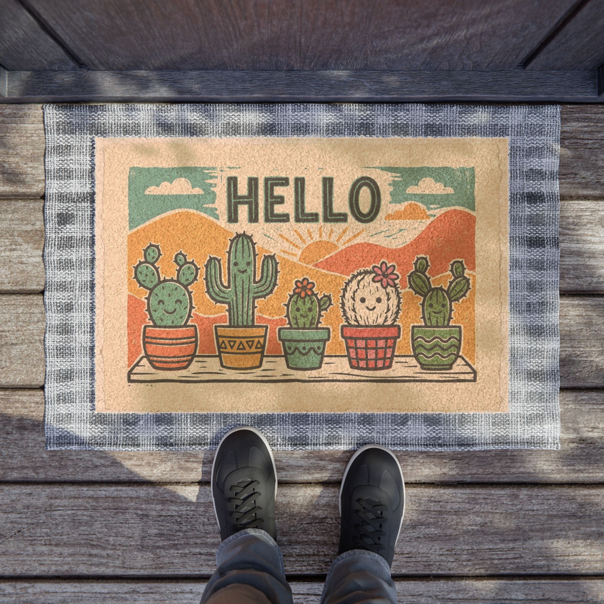 Sunny Linocut Hello Desert Cacti Welcome Doormat