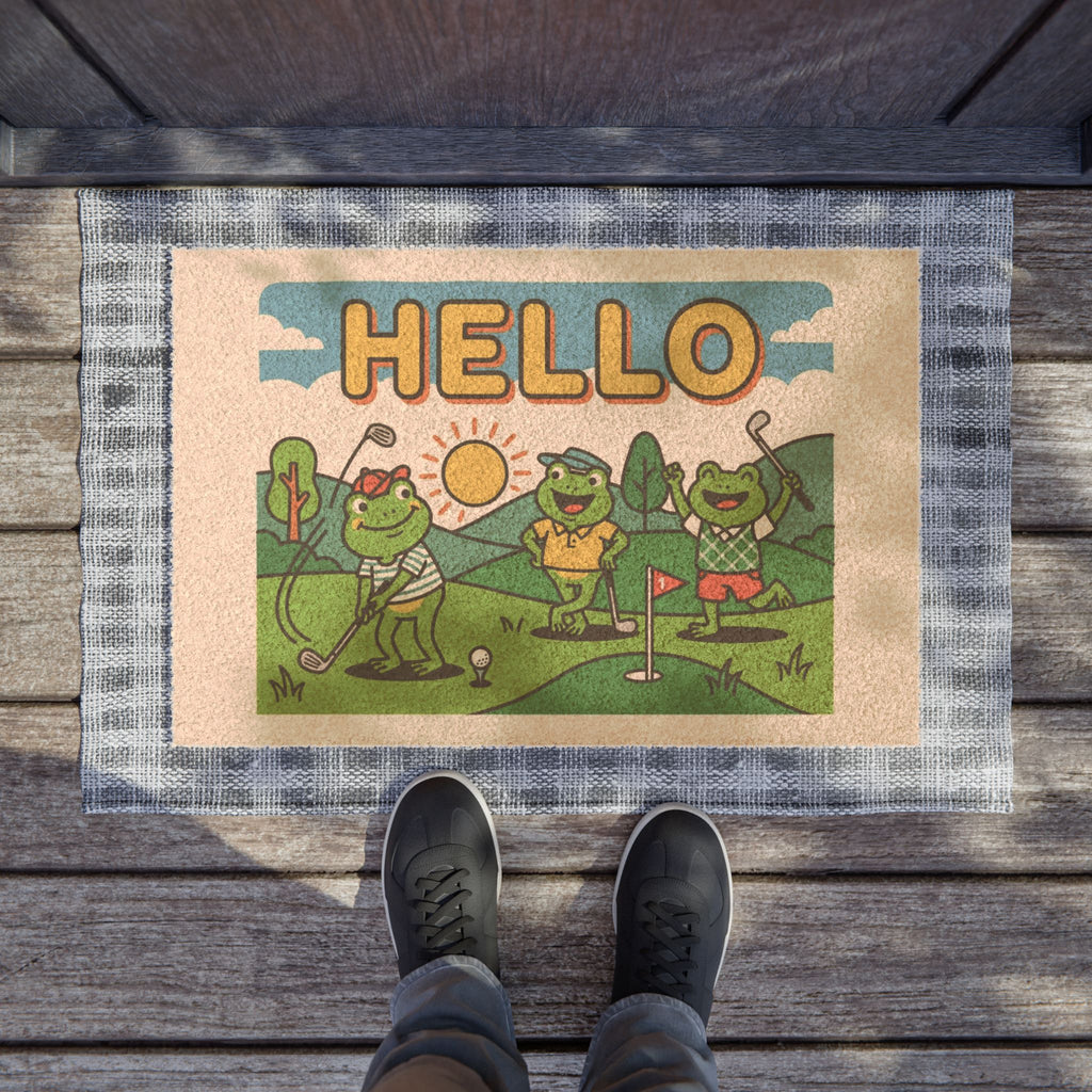 Bold Pop Art Hello Golfing Frogs Doormat