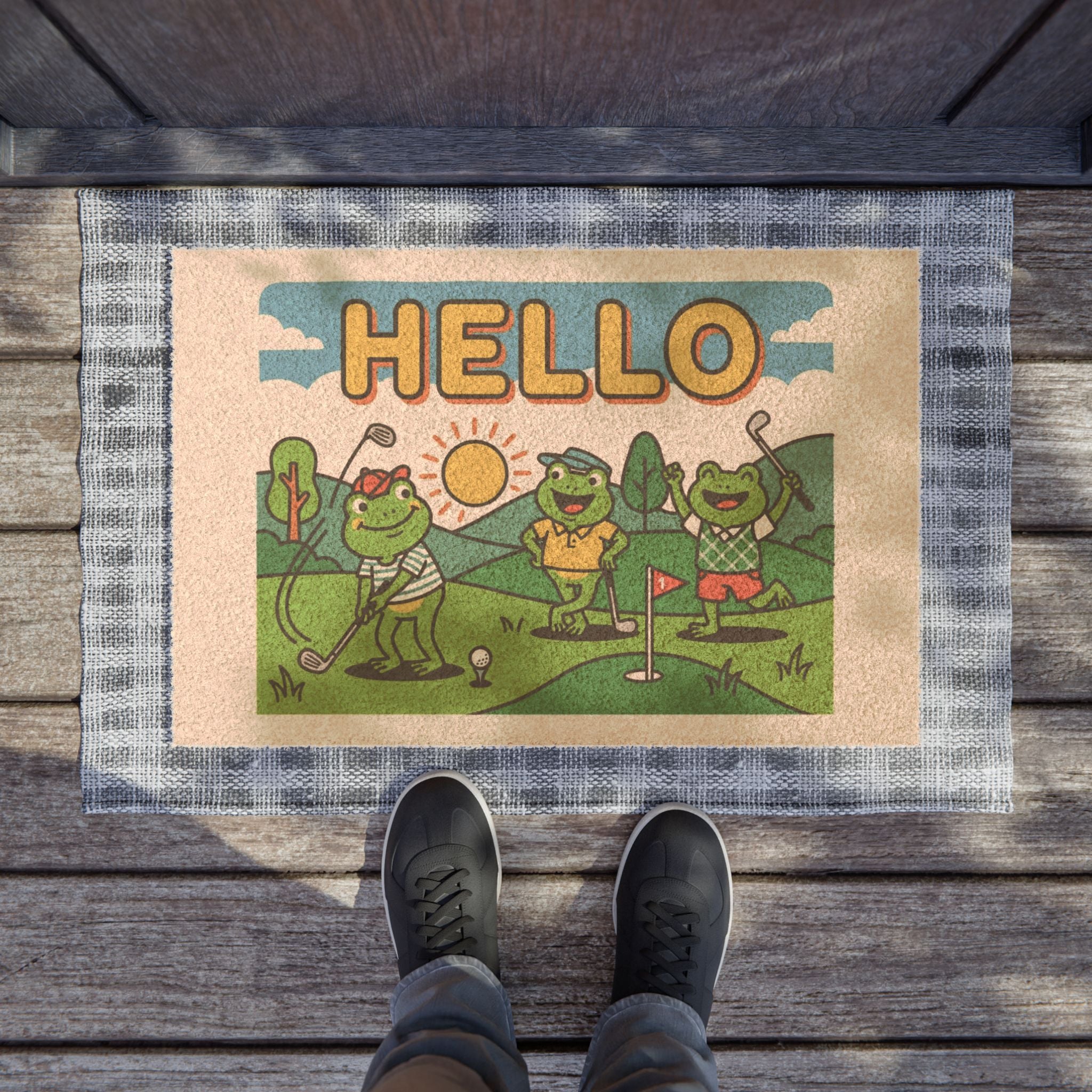 Bold Pop Art Hello Golfing Frogs Doormat
